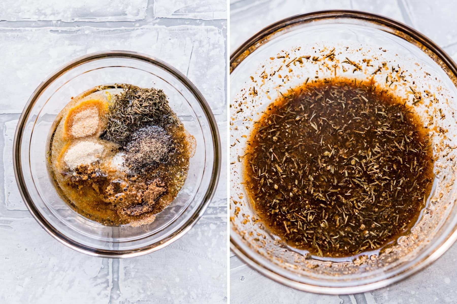 before and after whisking together ingredients for mediterranean marinade.