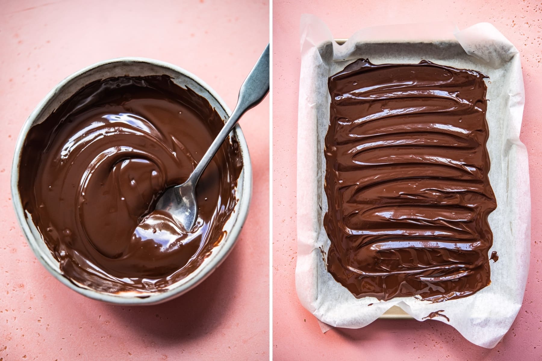 overhead view of melted dark chocolate in a bowl and a sheet pan.