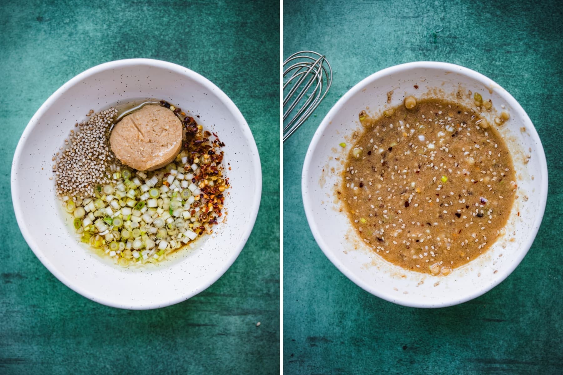 overhead view of before and after mixing together ingredients for miso dipping sauce. 