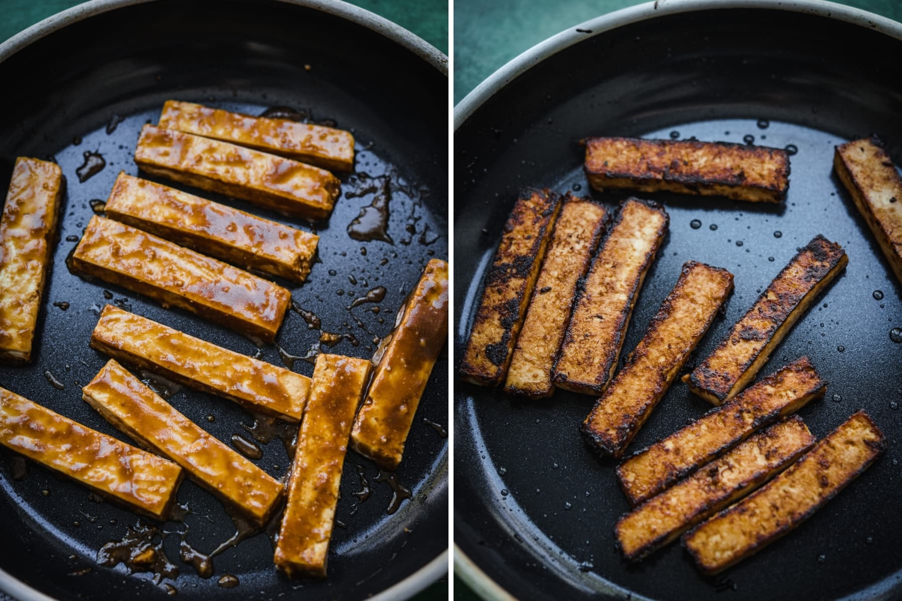 miso glazed tofu in a nonstick skillet.