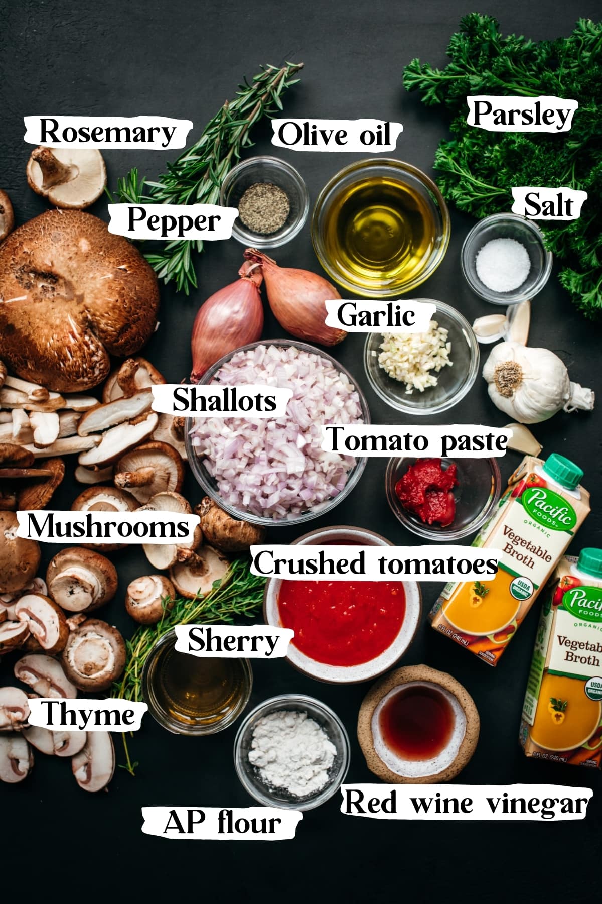 overhead view of ingredients for vegan mushroom ragu with text labels. 