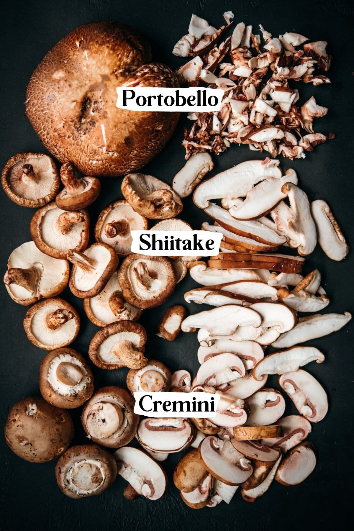 overhead view of 3 types of mushrooms on black backdrop.