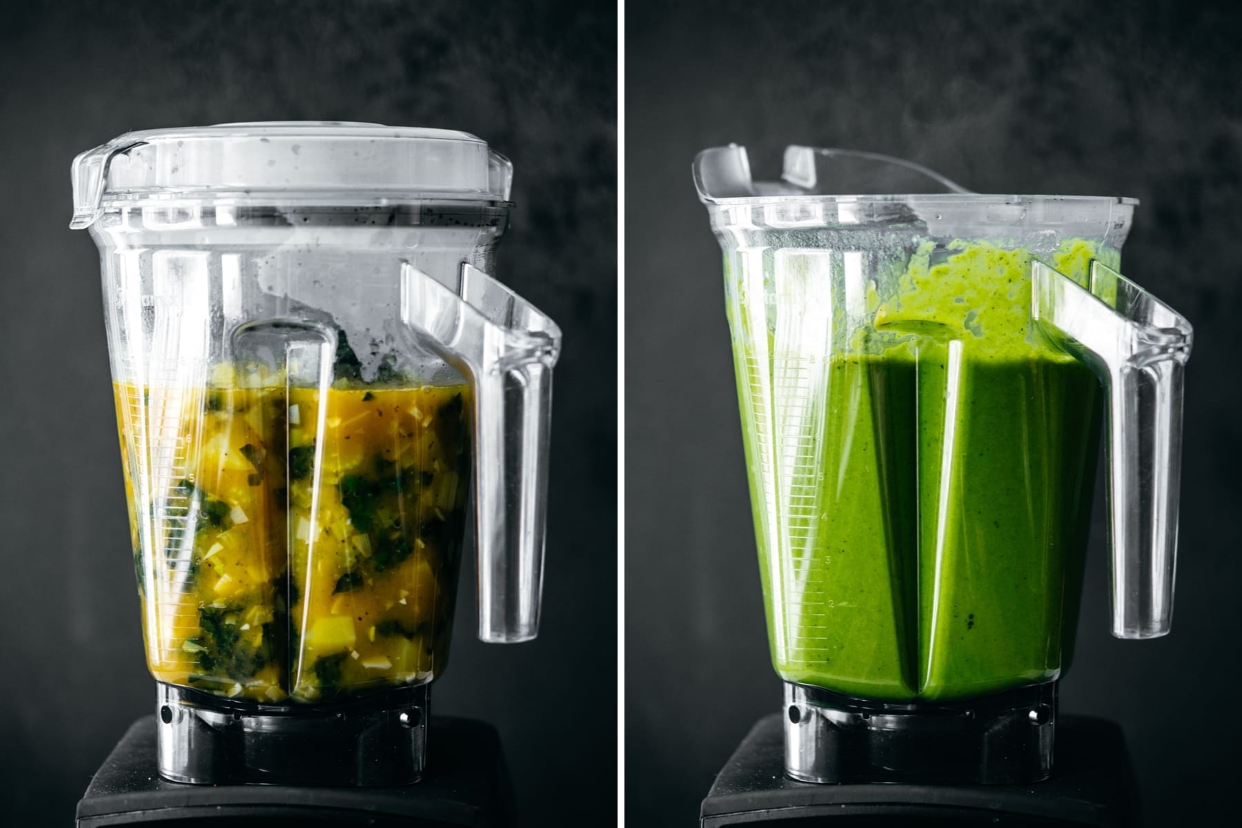side view of creamy vegan potato kale soup in blender before and after blending.