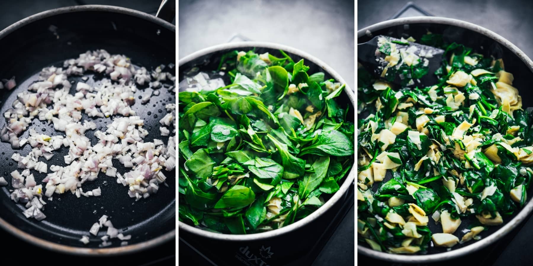 3 photo collage of sautéing shallots, artichokes and spinach in pan. 