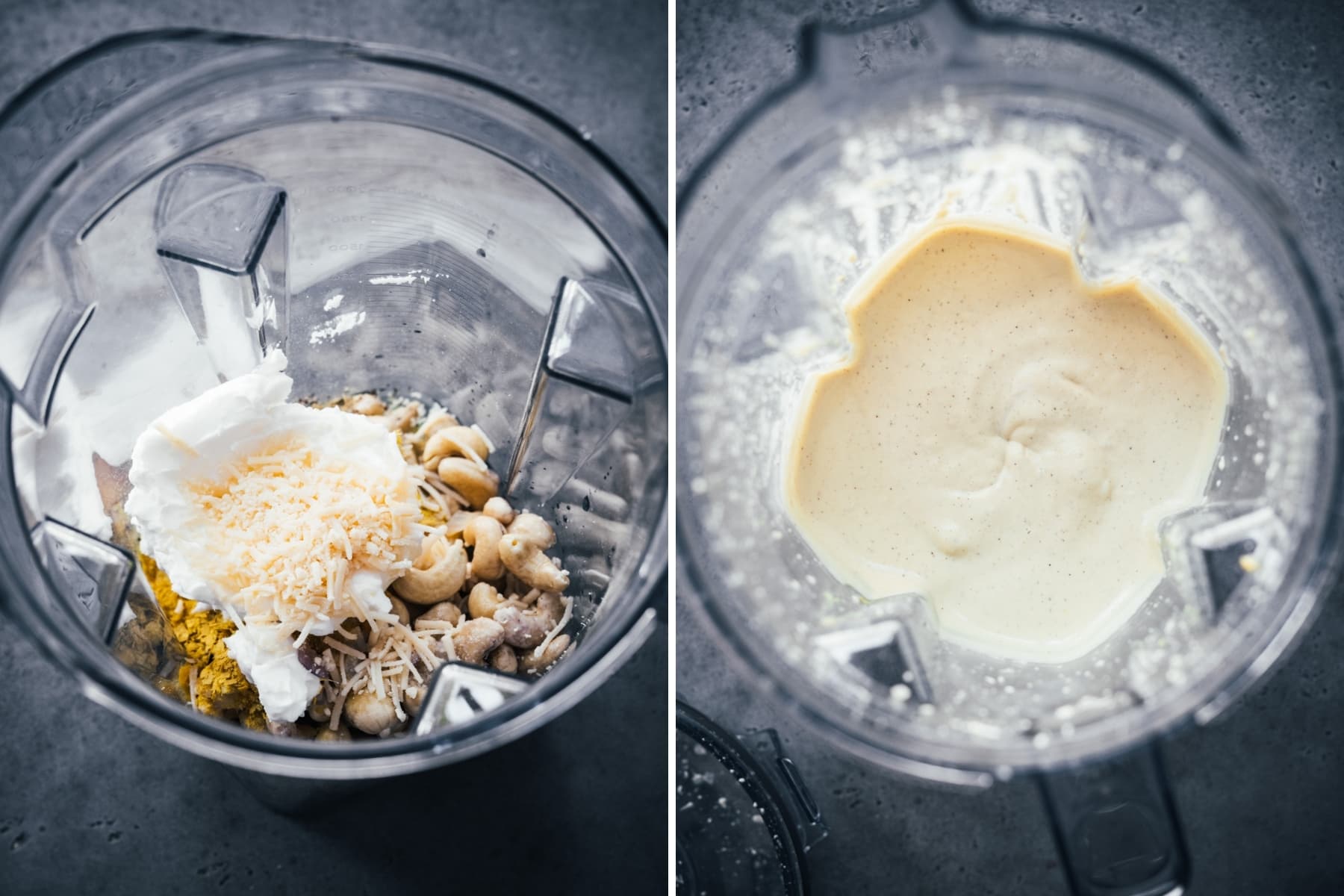 overhead view of cashew cheese sauce before and after blending. 