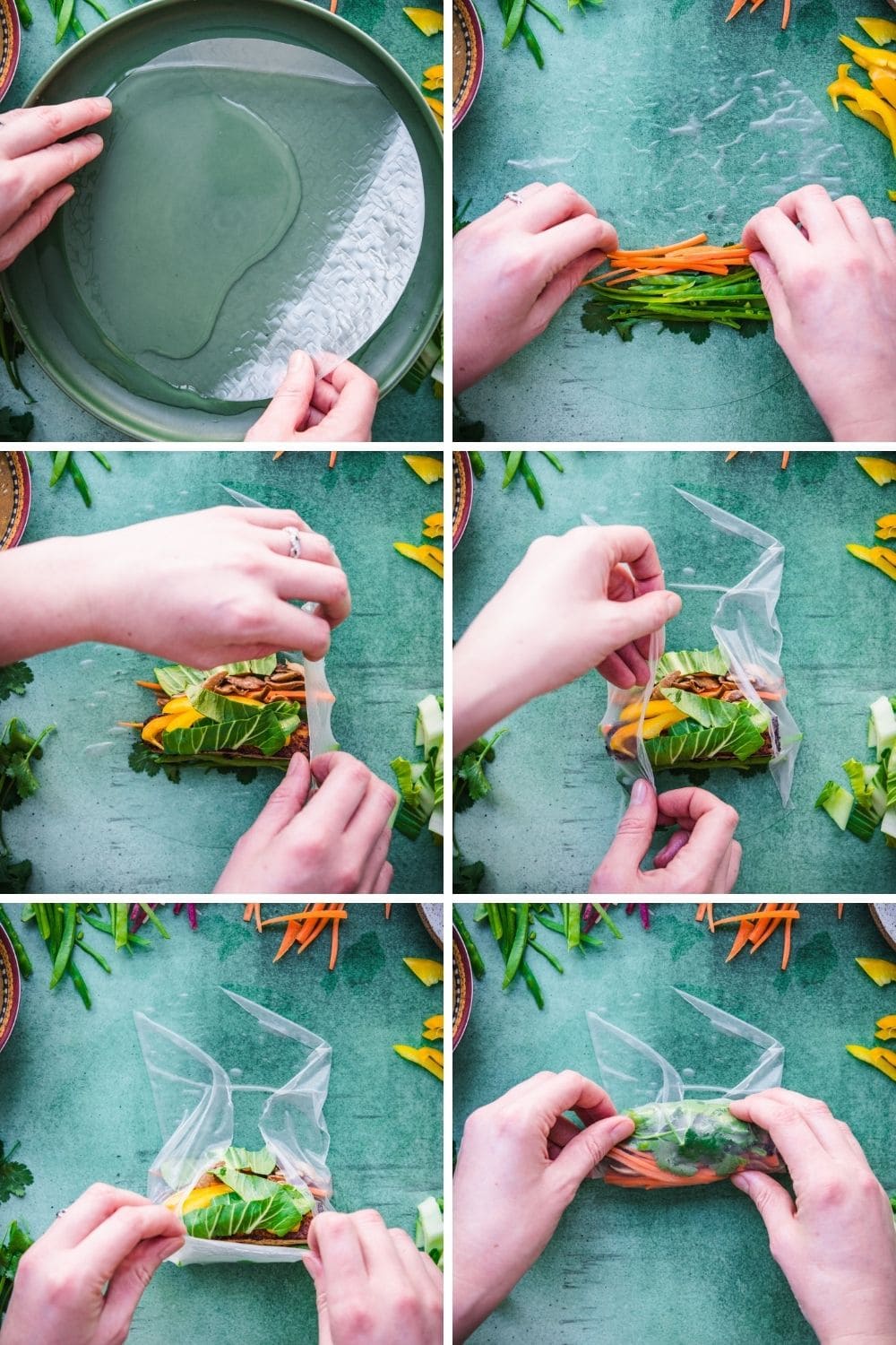 overhead view of how to assemble a summer roll in 6 steps. 