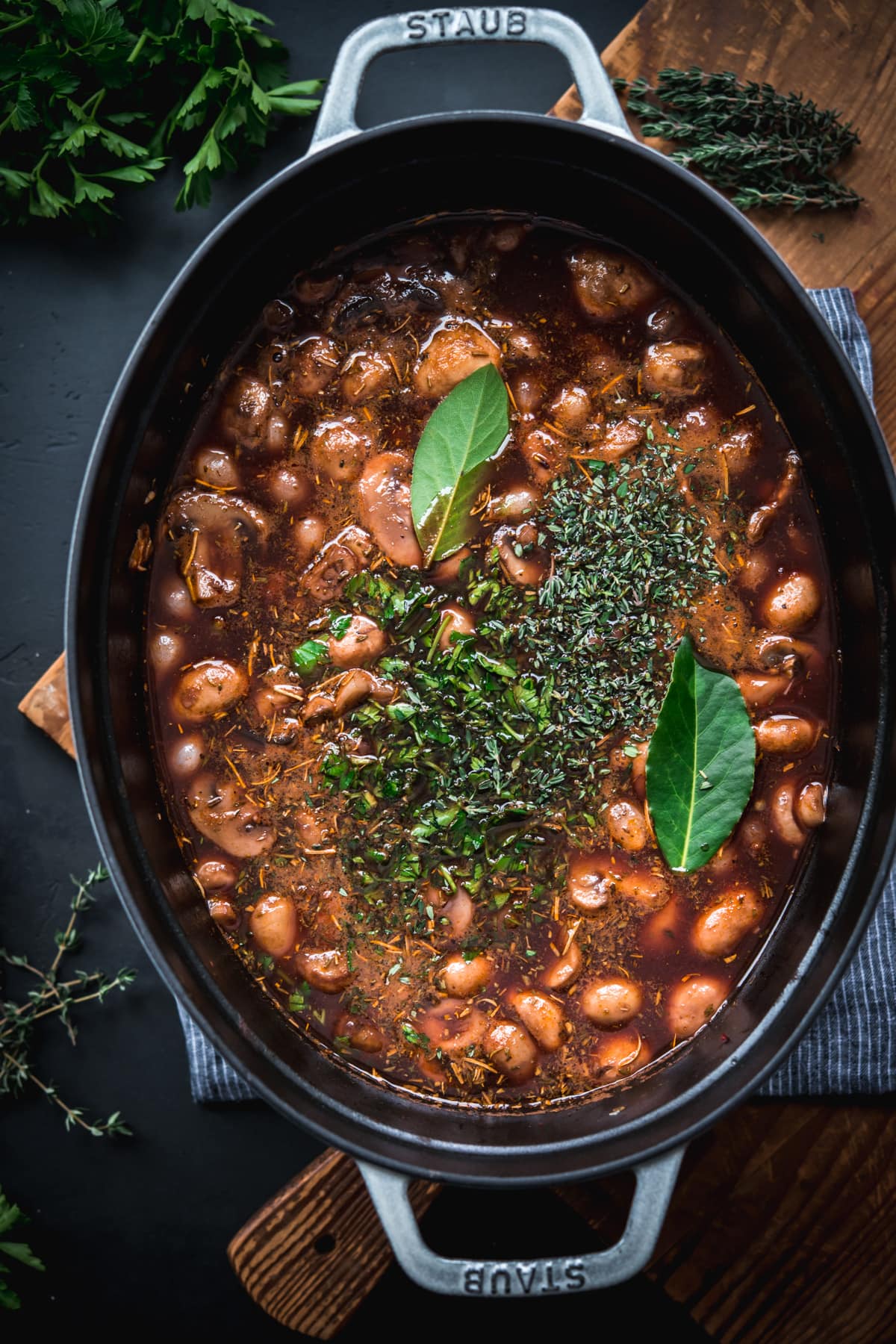 overhead view of vegan coq au vin before being simmered in a pot.