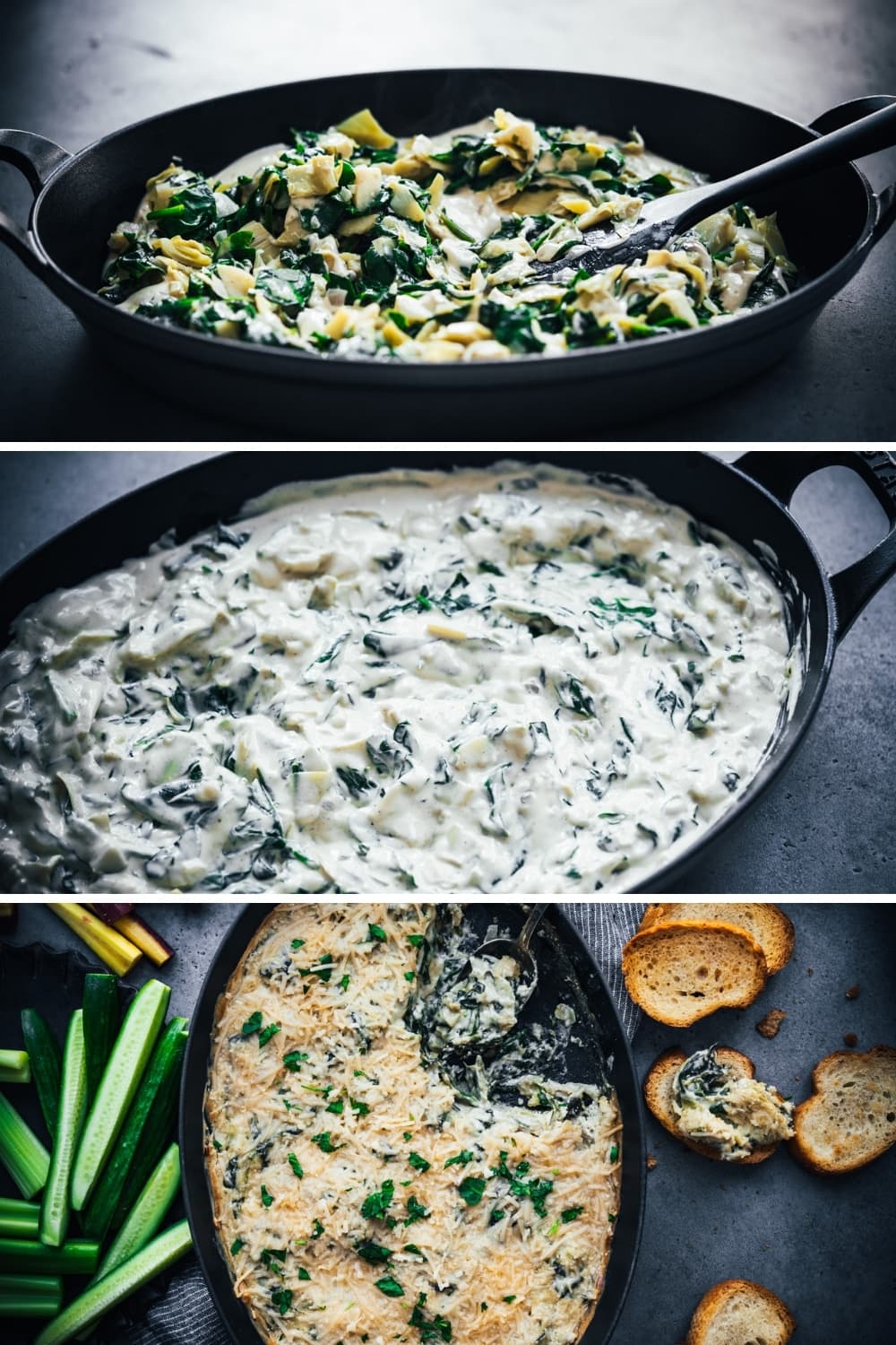 assembling spinach artichoke dip in large skillet. 