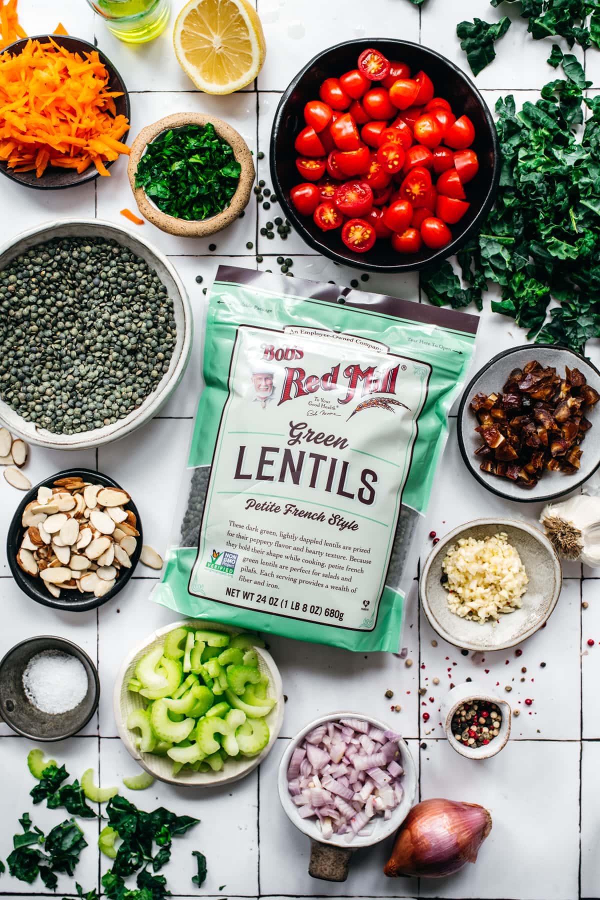 overhead view of ingredients for french green lentil salad. 