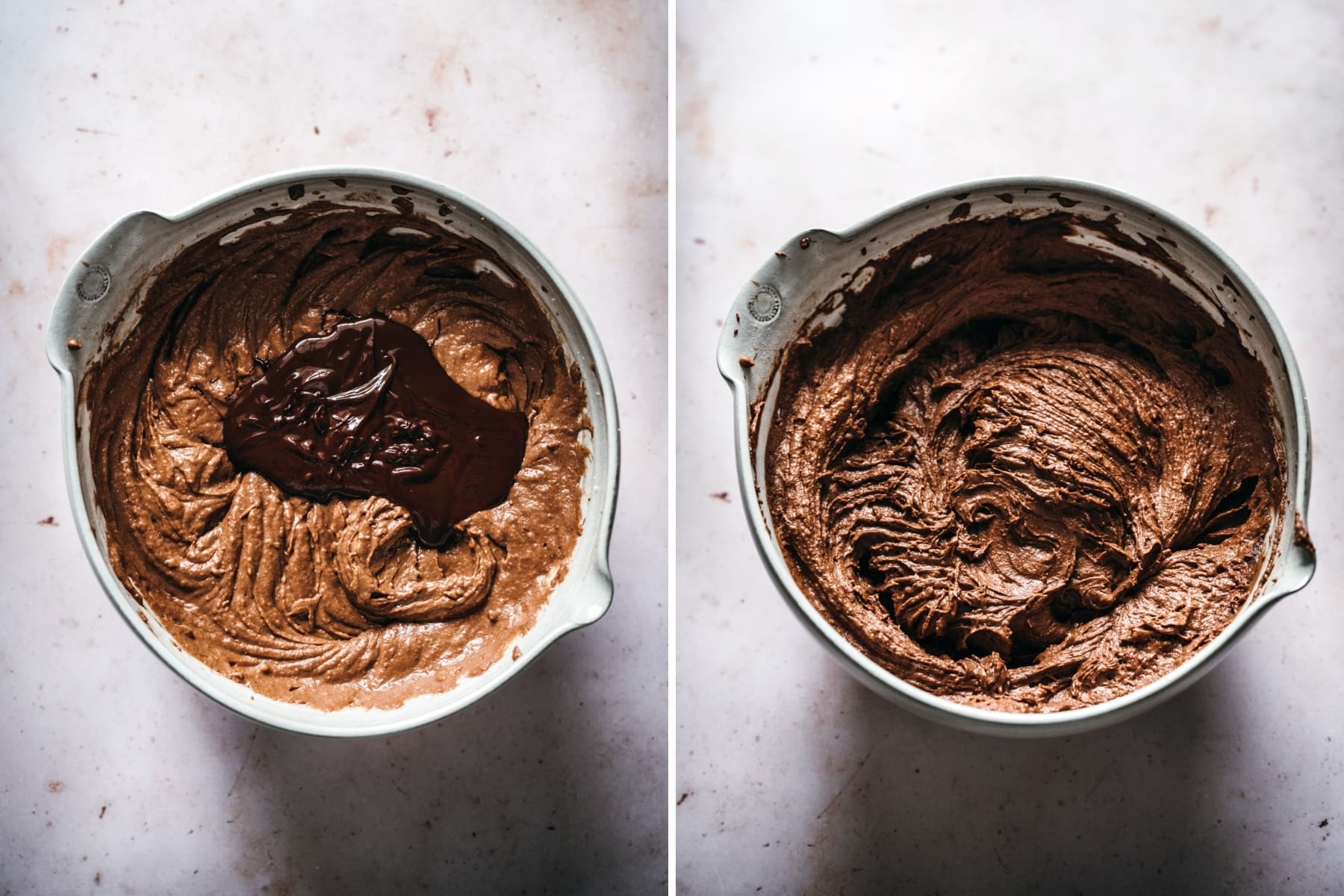 before and after mixing melted dark chocolate into cupcake batter. 
