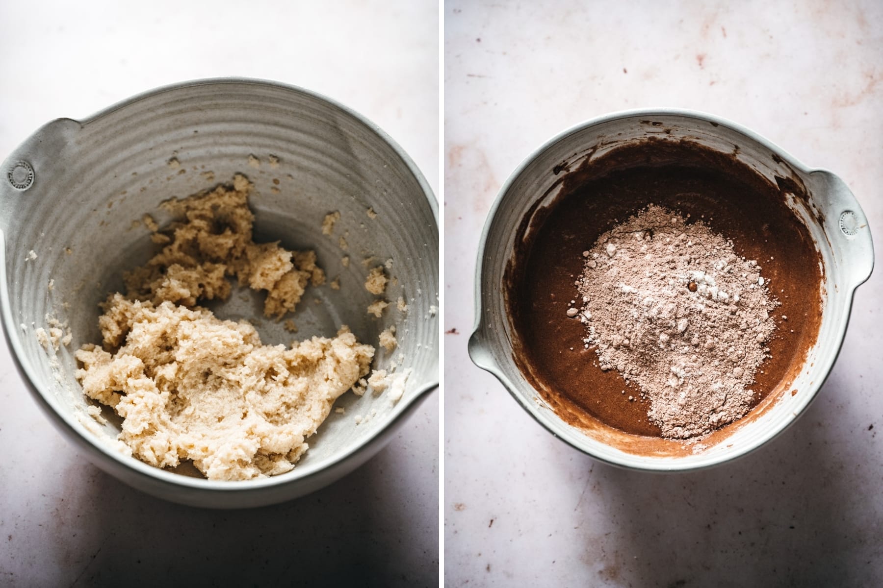 on the left: creamed vegan butter and sugar in mixing bowl. On the right, chocolate cupcake batter in bowl.