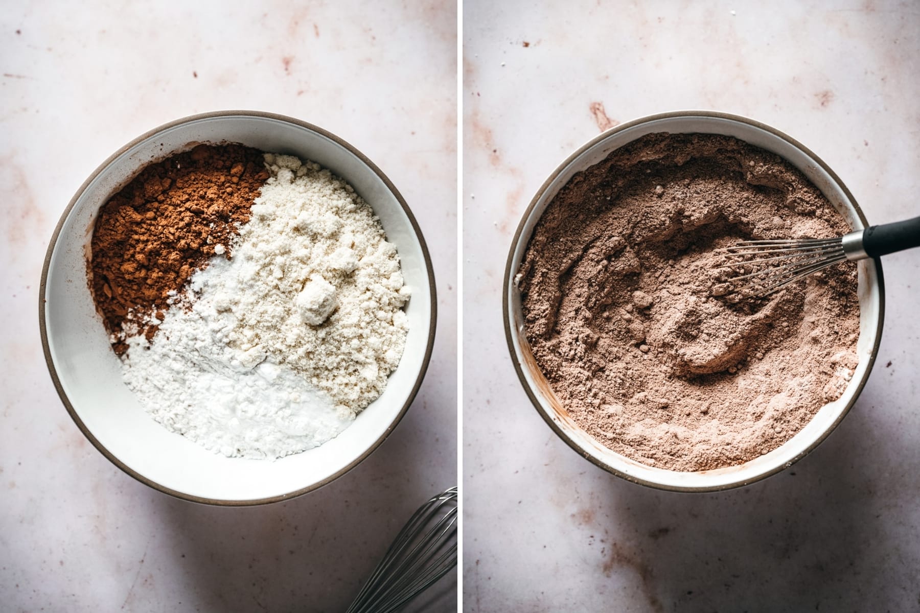 before and after whisking together dry ingredients for vegan chocolate cupcakes.