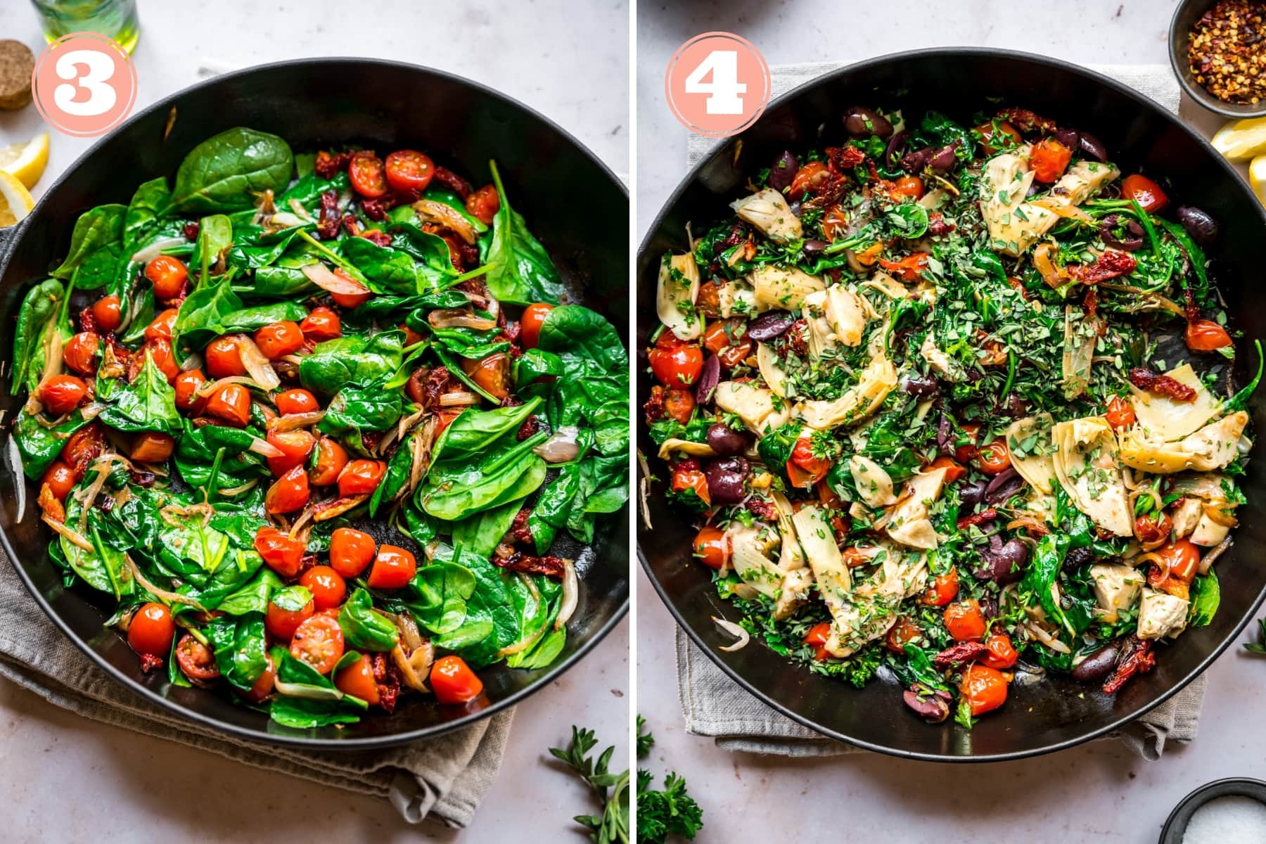 on the left: sautéed spinach and tomatoes. on the right: sautéed ingredients for greek pasta.