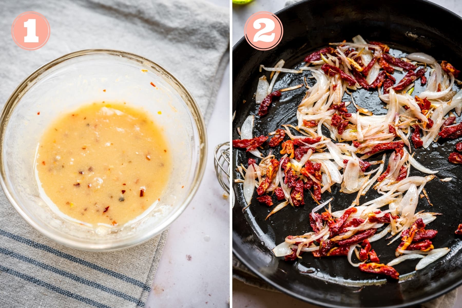 on the left: garlic olive oil dressing in a bowl. on the right: sautéed shallots and sun dried tomatoes. 