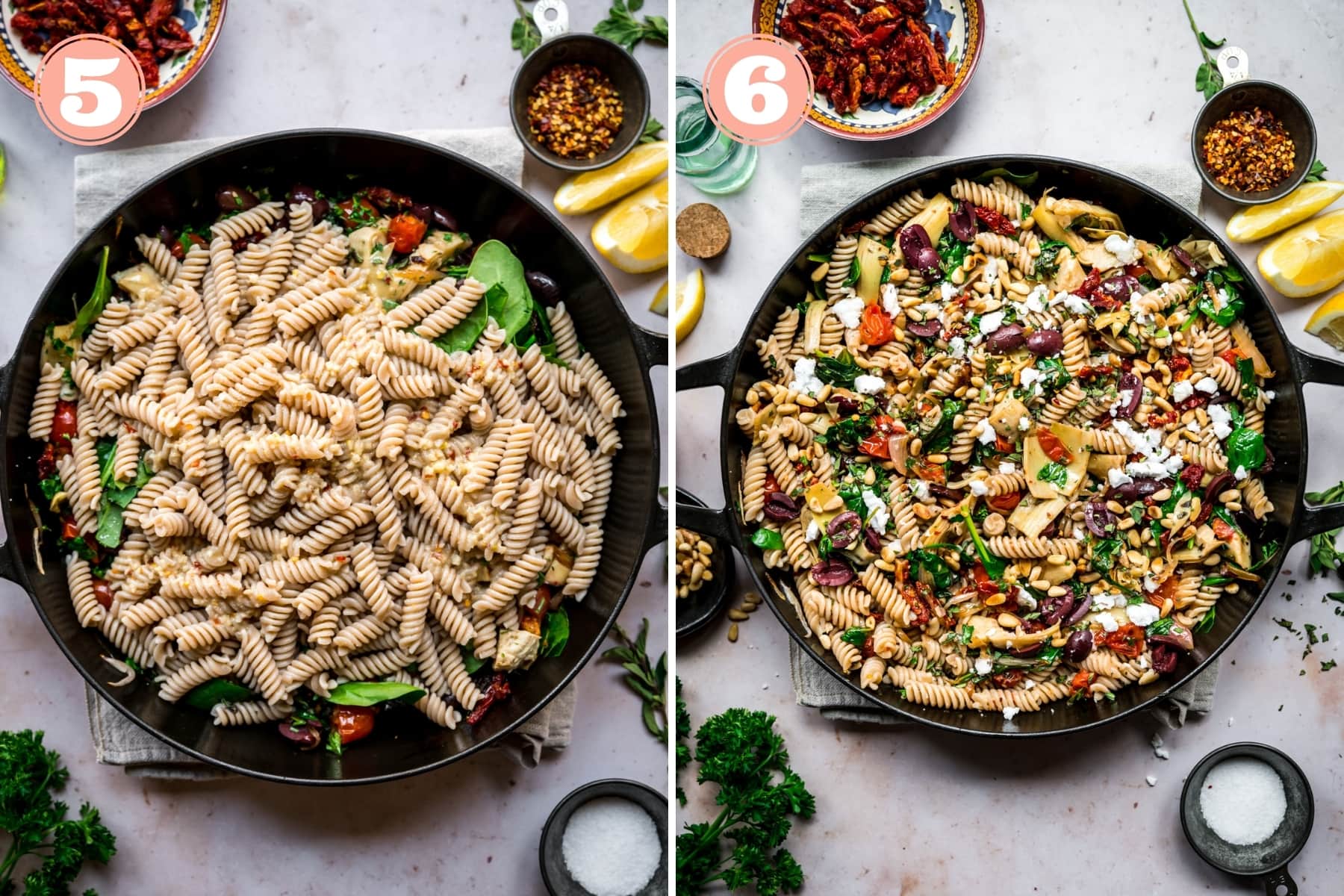 before and after stirring together greek pasta. 