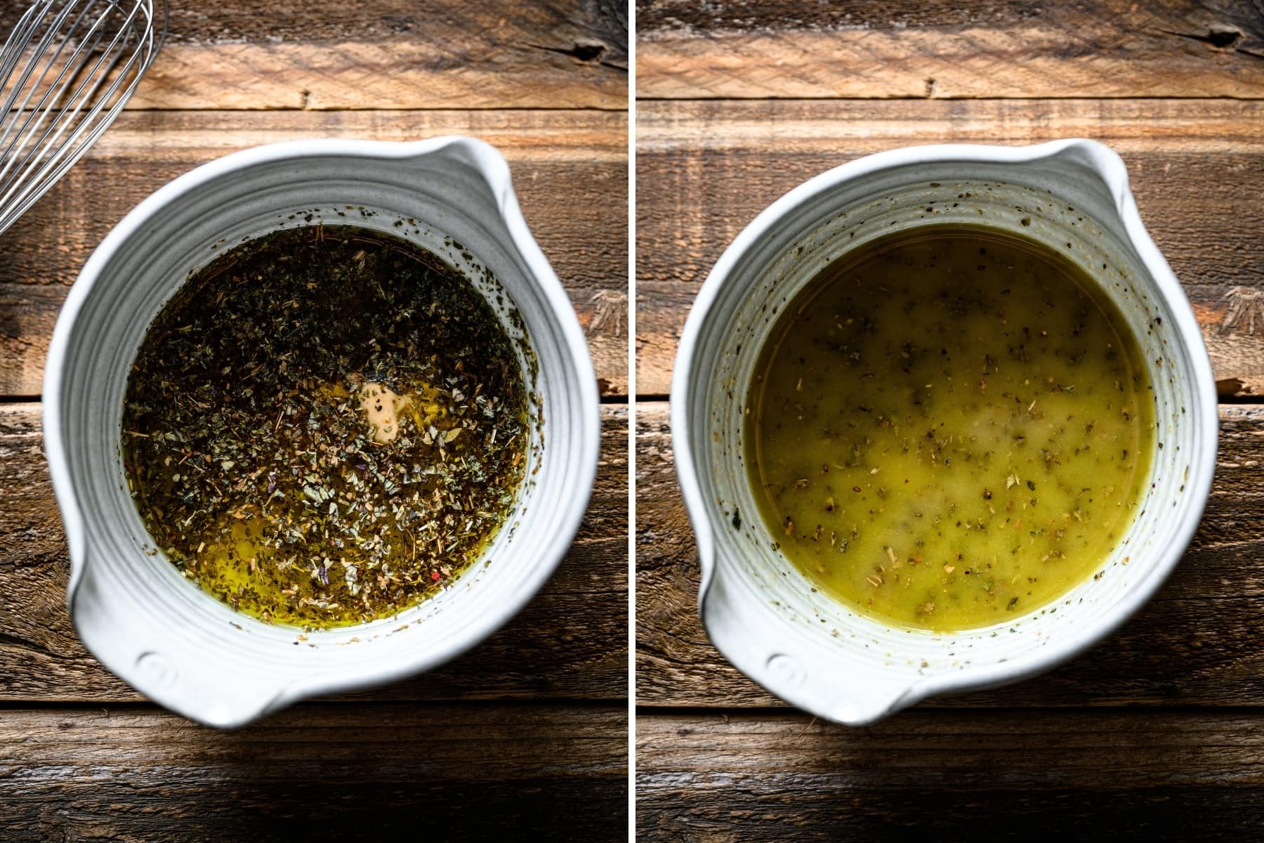 before and after whisking together italian dijon herb vinaigrette.