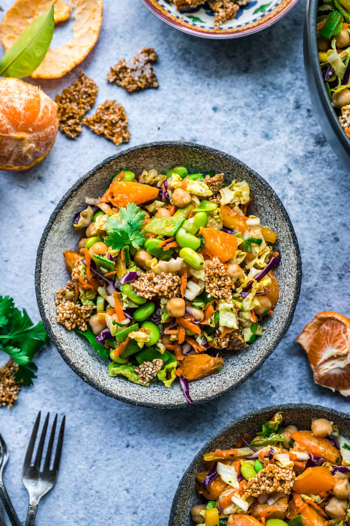 overhead view of vegan sesame chickpea salad in a salad bowls with edamame, cabbage and sesame brittle. 