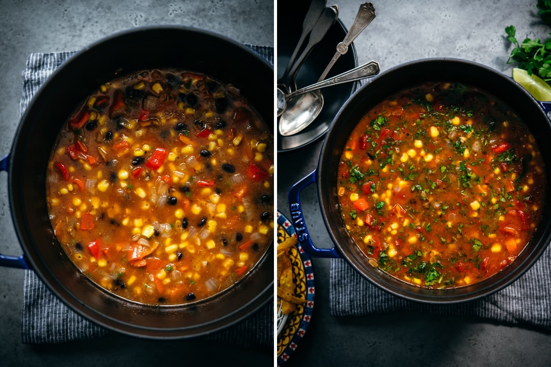before and after vegan tortilla soup has been cooked in large pot.