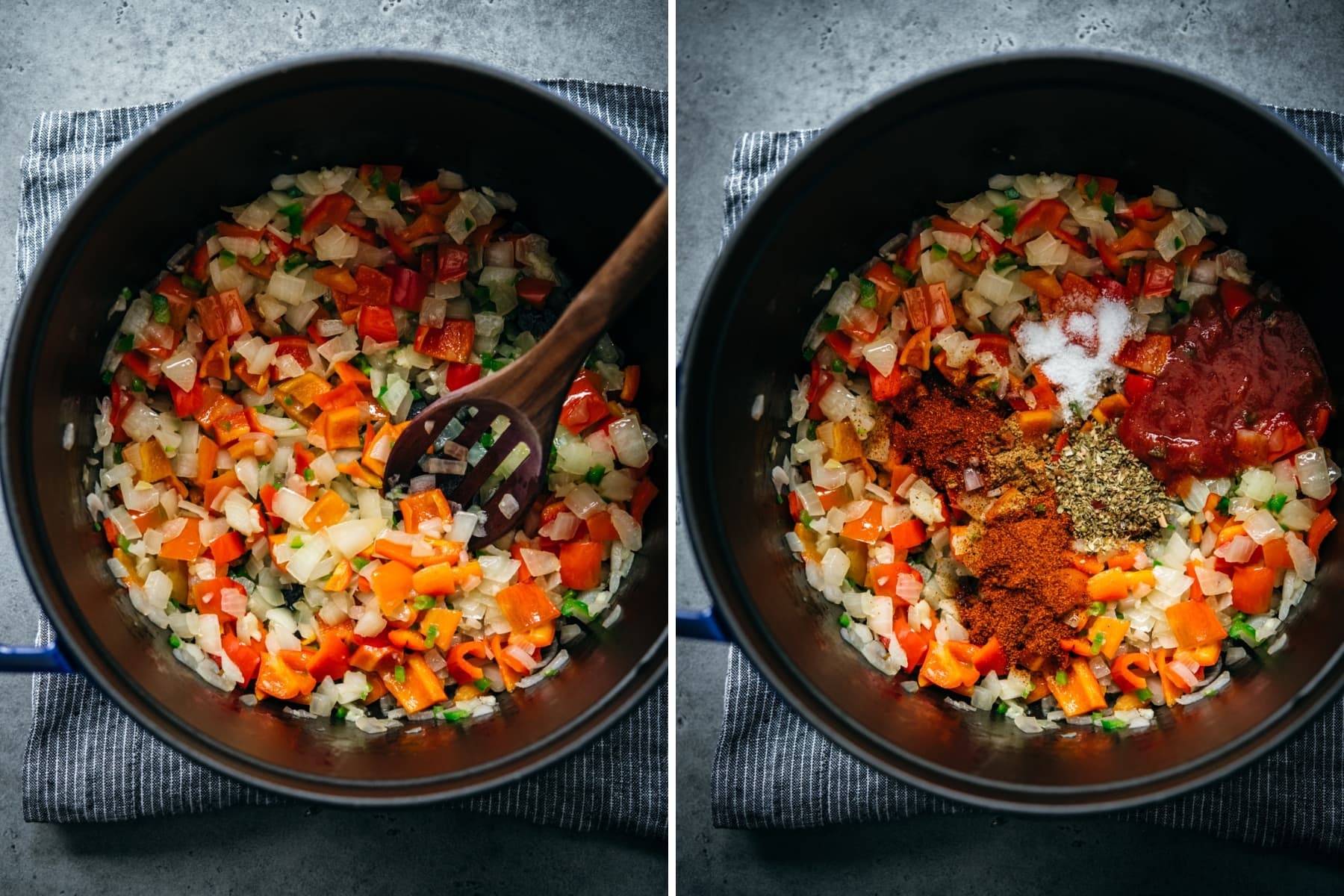 before and after adding spices to sautéed onion, jalapeno and bell pepper in large soup pot. 