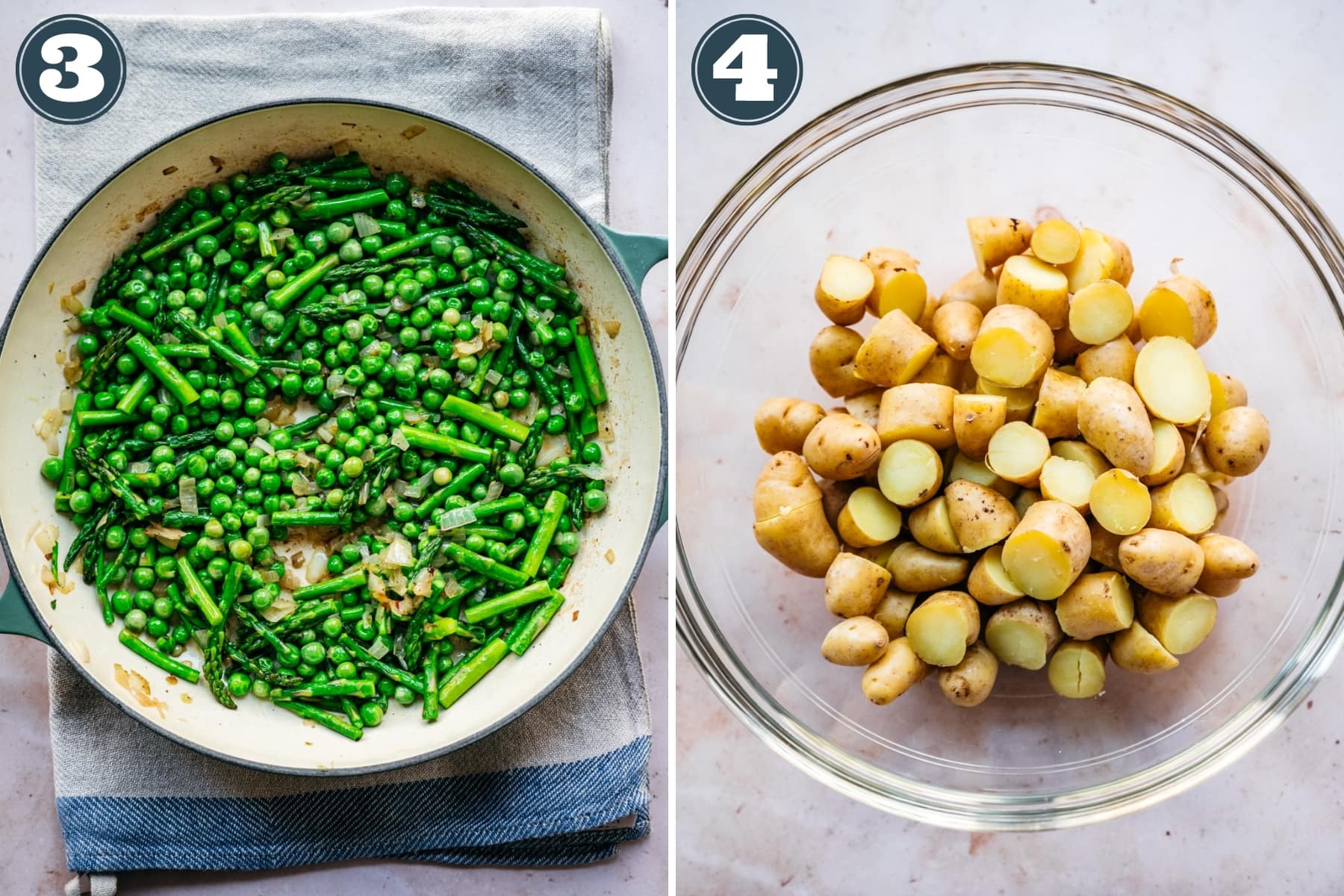 on the left: sautéed asparagus and peas in a skillet. On the right: chopped boiled fingerling potatoes in a glass bowl. 