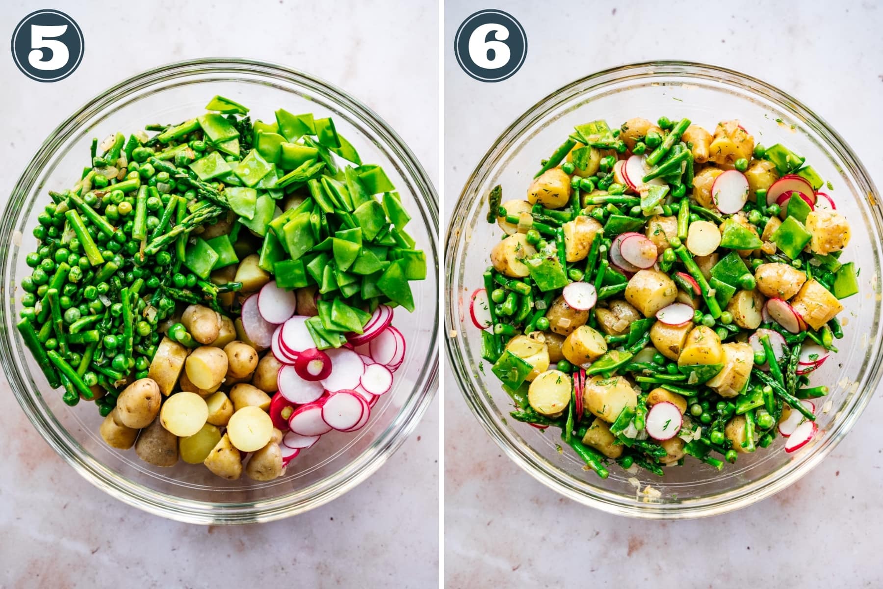 before and after mixing together ingredients for spring potato salad with asparagus, peas and radishes. 