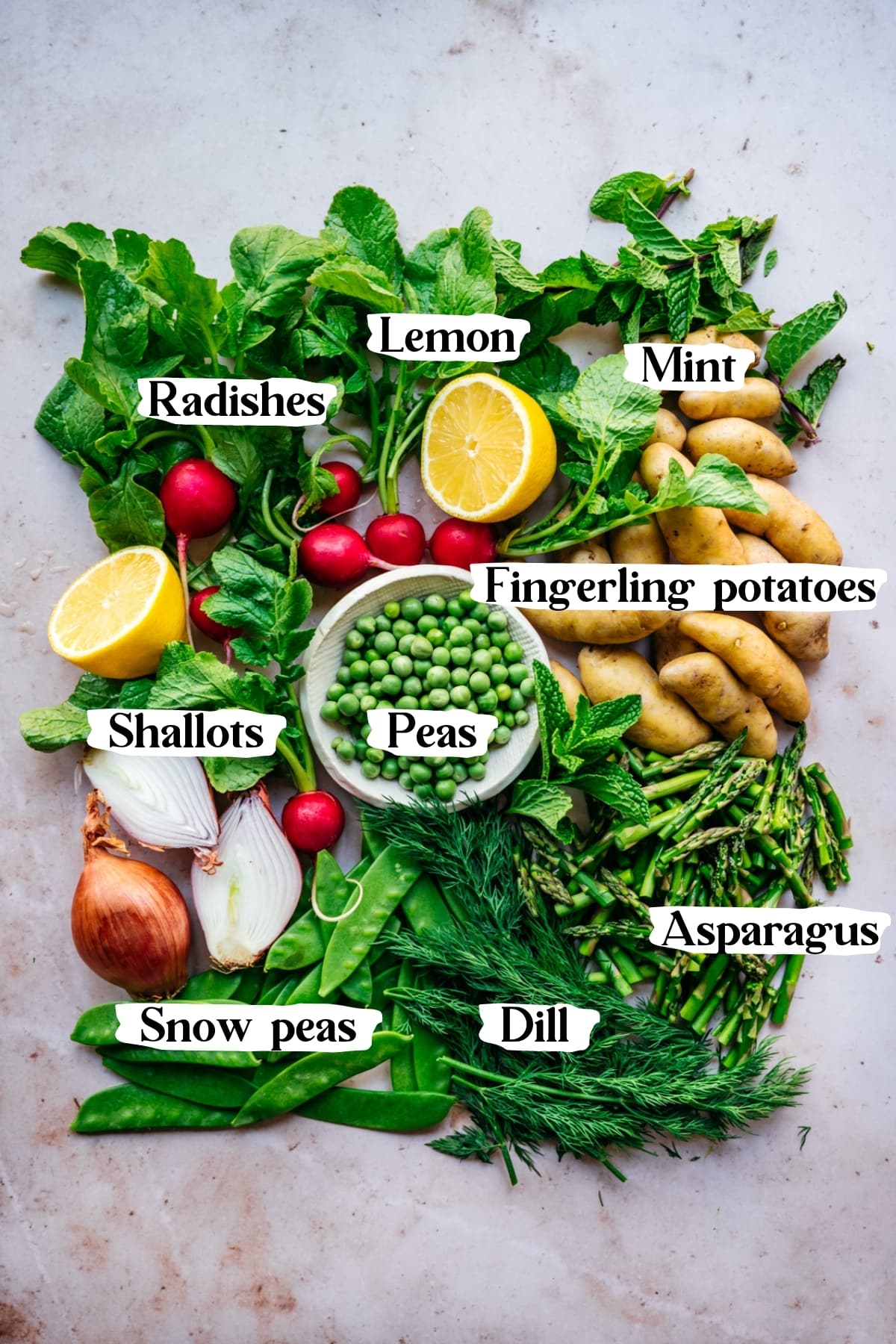 overhead view of ingredients for spring potato salad with asparagus, peas, snow peas, lemon, radishes and shallots. 