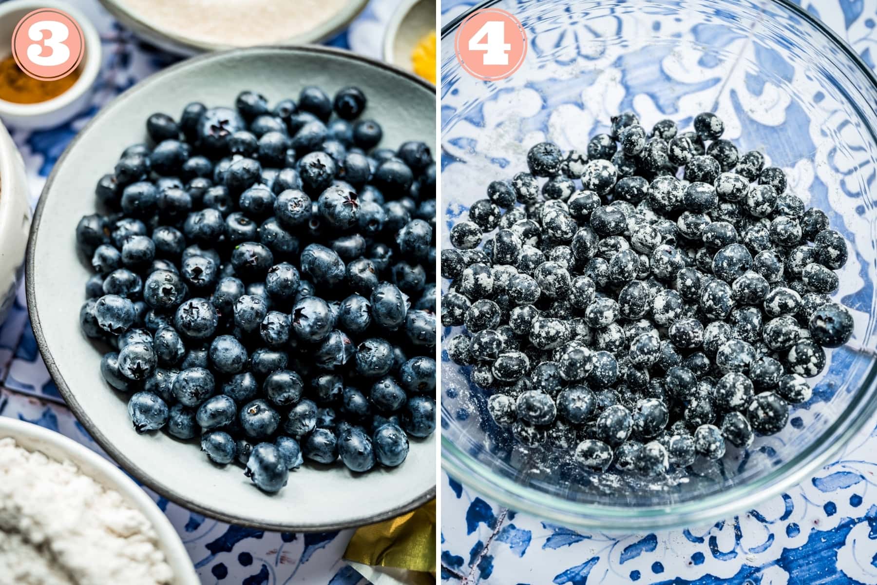 before and after coating fresh blueberries in flour in a mixing bowl. 