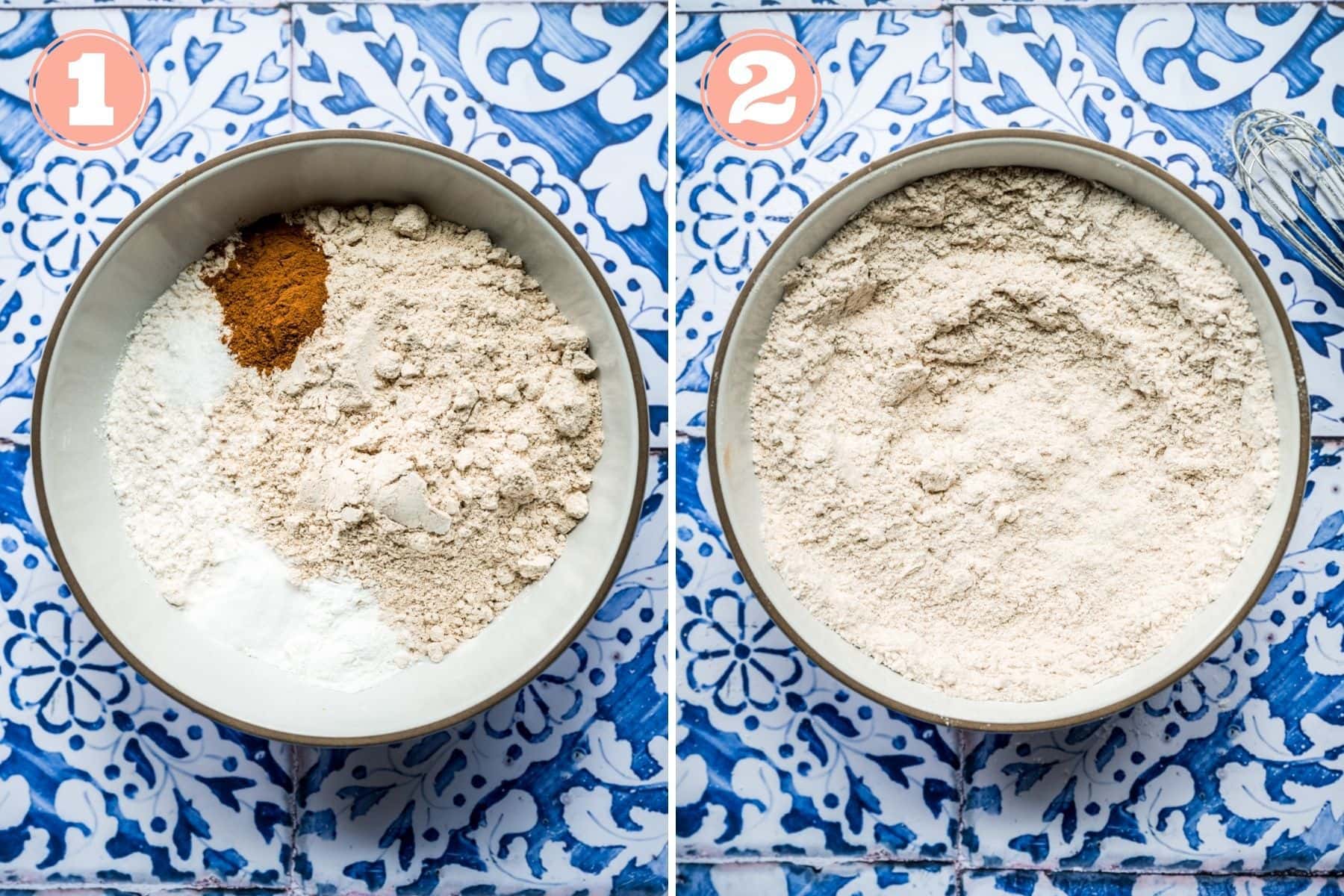 before and after mixing together dry ingredients for blueberry muffins in bowl. 
