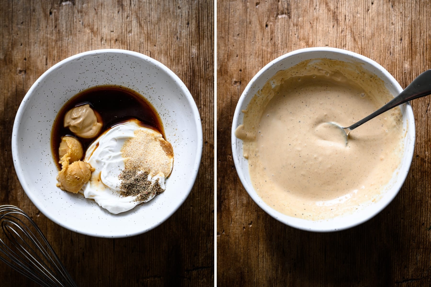 before and after whisking together ingredients for sauce for vegan tuna salad. 