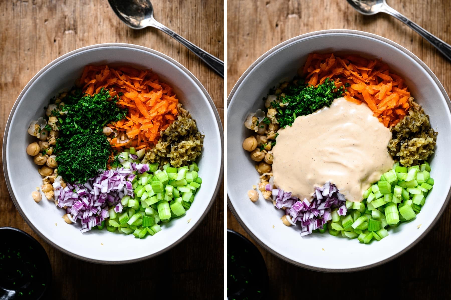 ingredients for vegan chickpea tuna salad in a large bowl before mixing together.