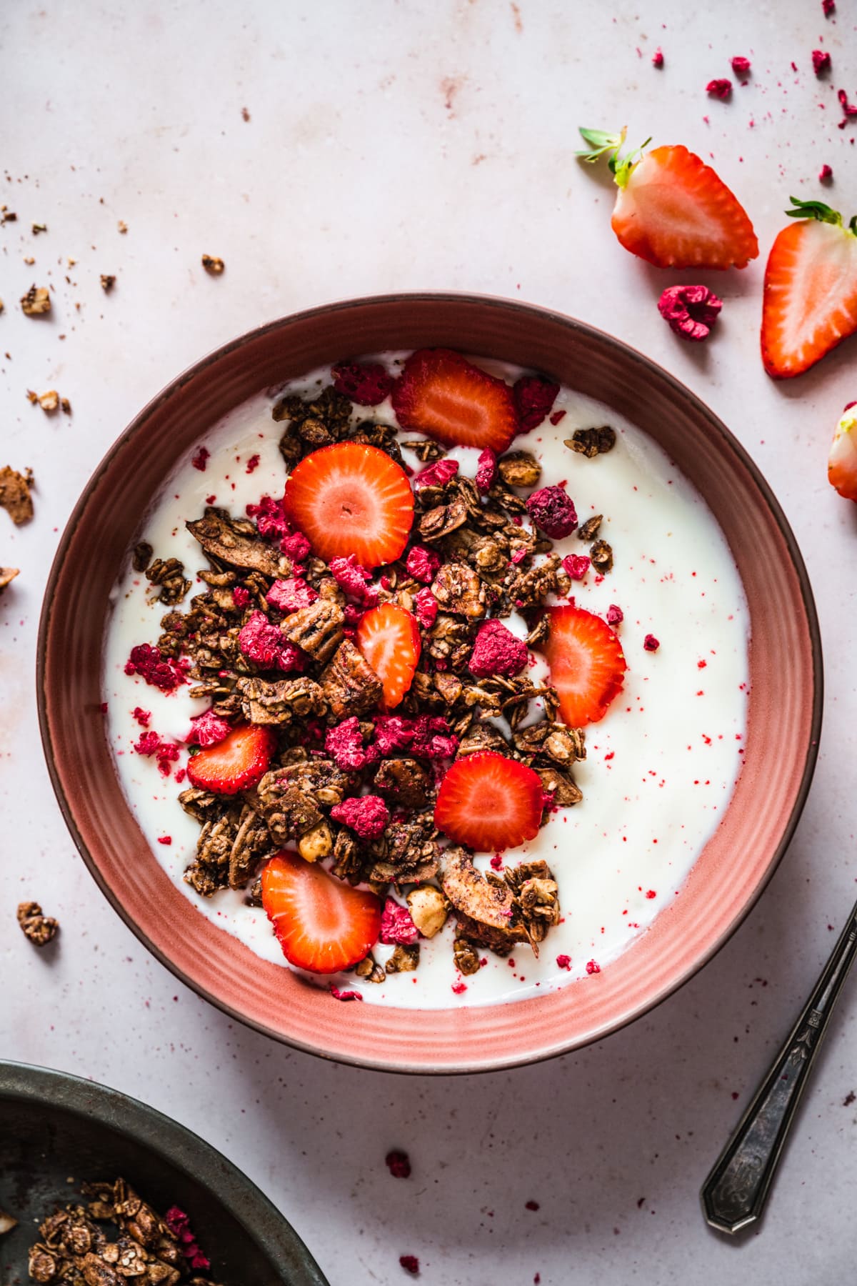 overhead view of chocolate hazelnut raspberry granola over yogurt with fresh strawberries.