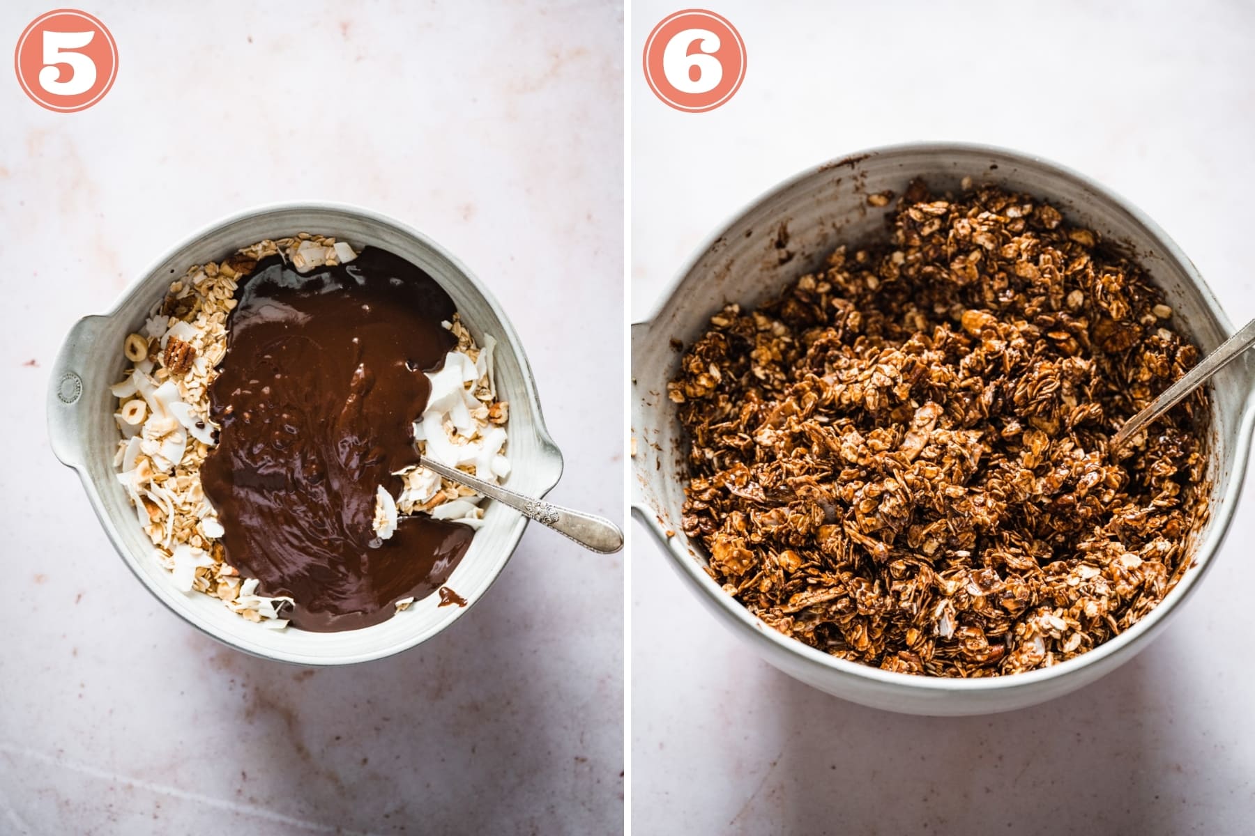 before and after stirring together wet and dry ingredients for chocolate hazelnut granola. 