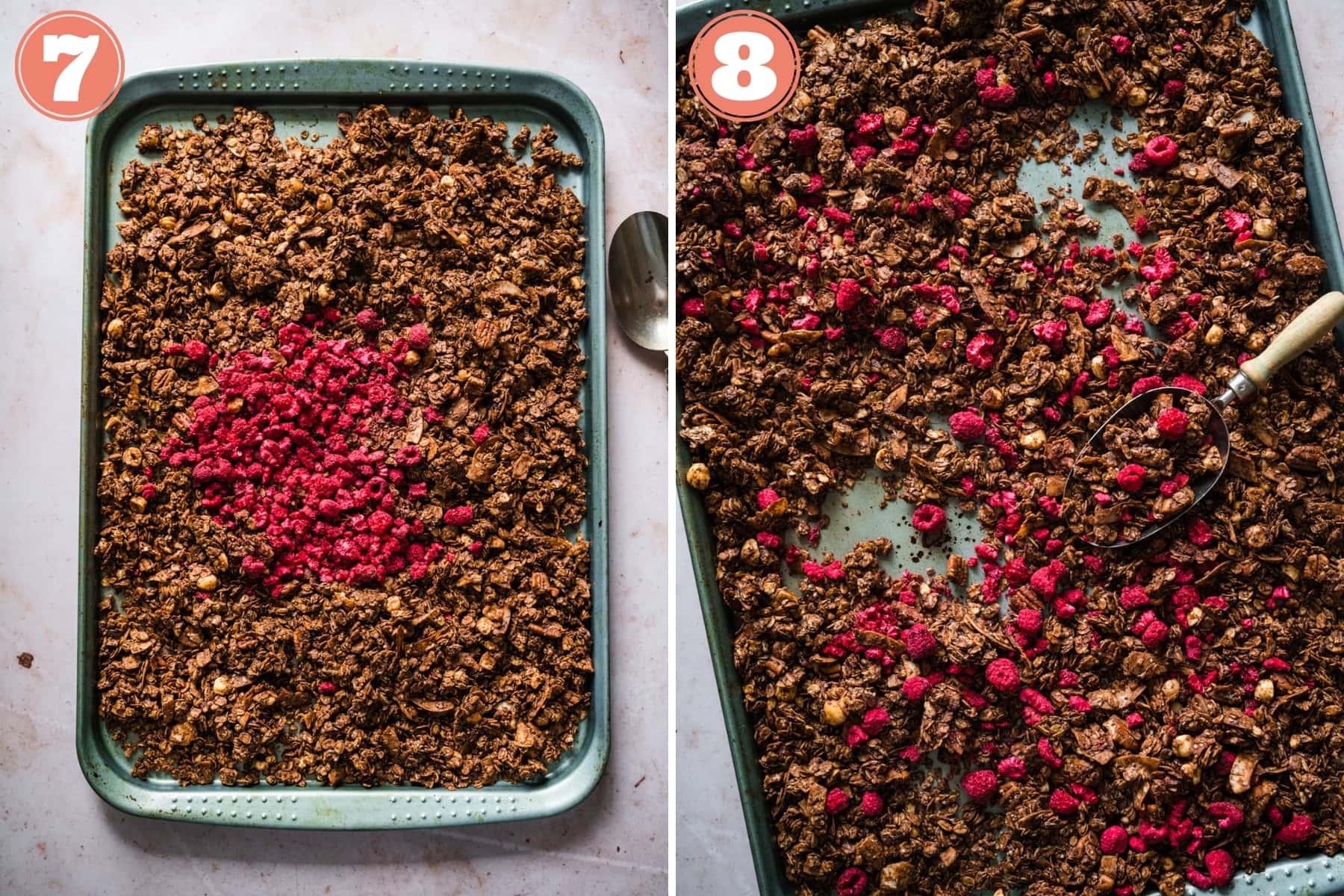 before and after adding freeze-dried raspberries to chocolate hazelnut granola. 