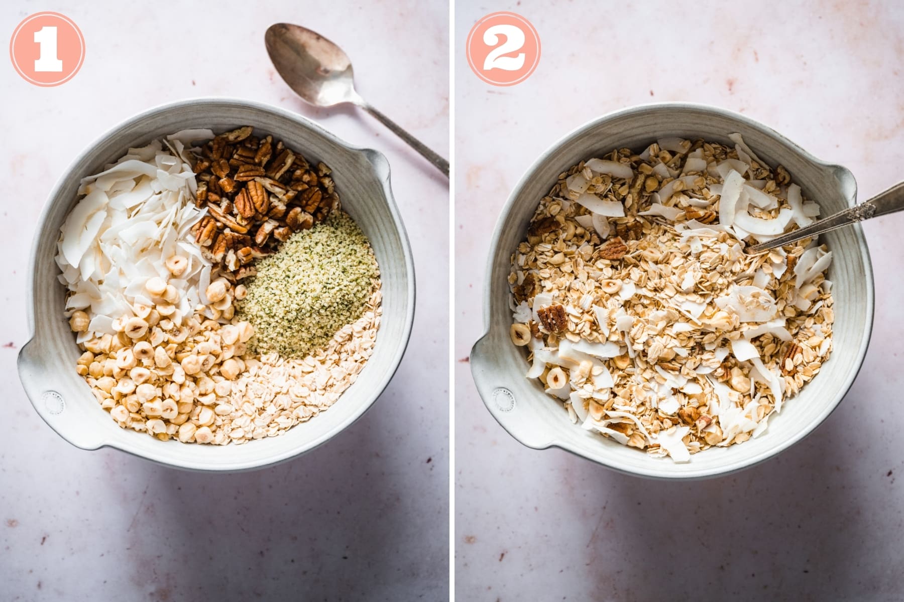 before and after stirring together dry ingredients for chocolate hazelnut granola. 