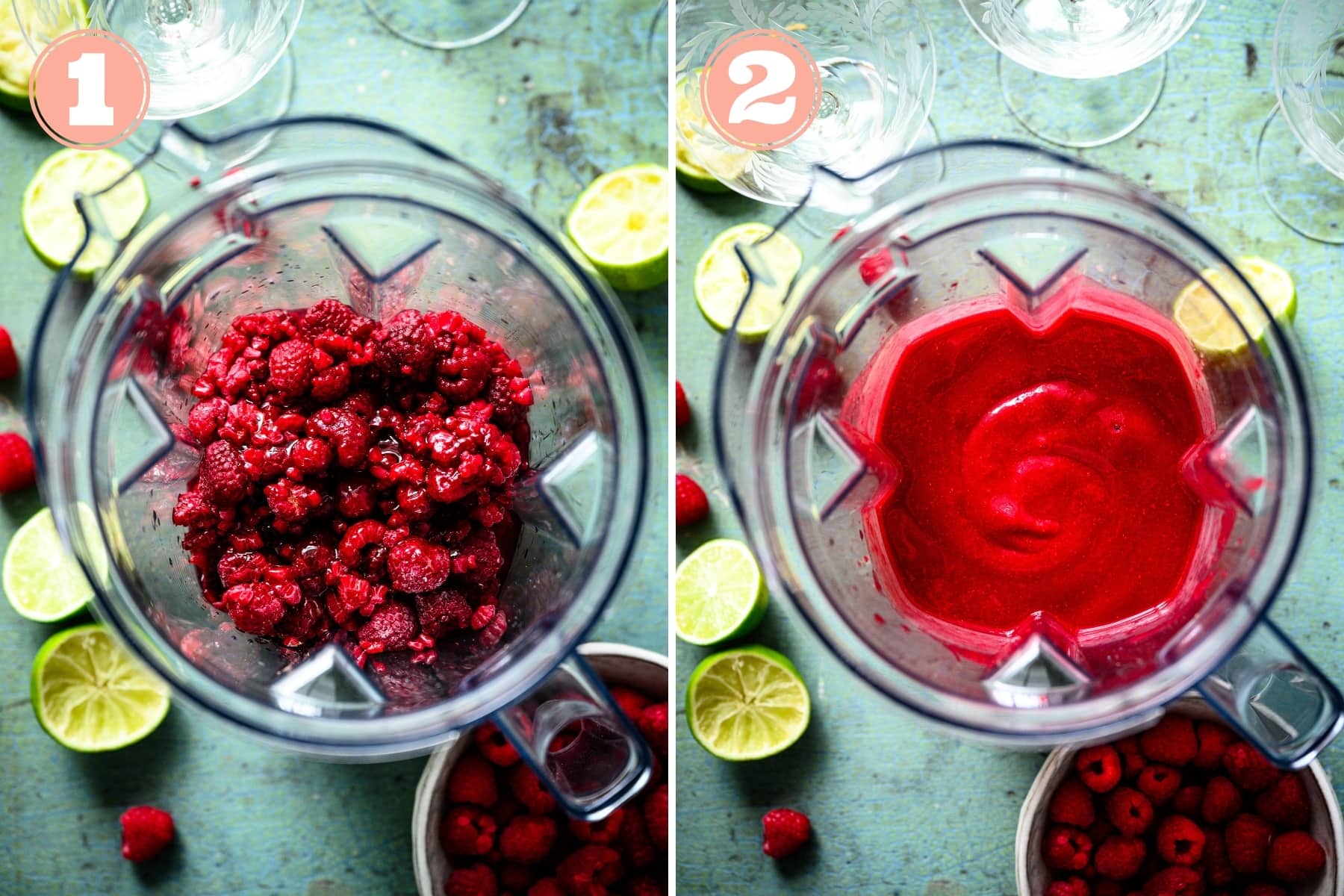 before and after blending raspberry daiquiri in blender. 