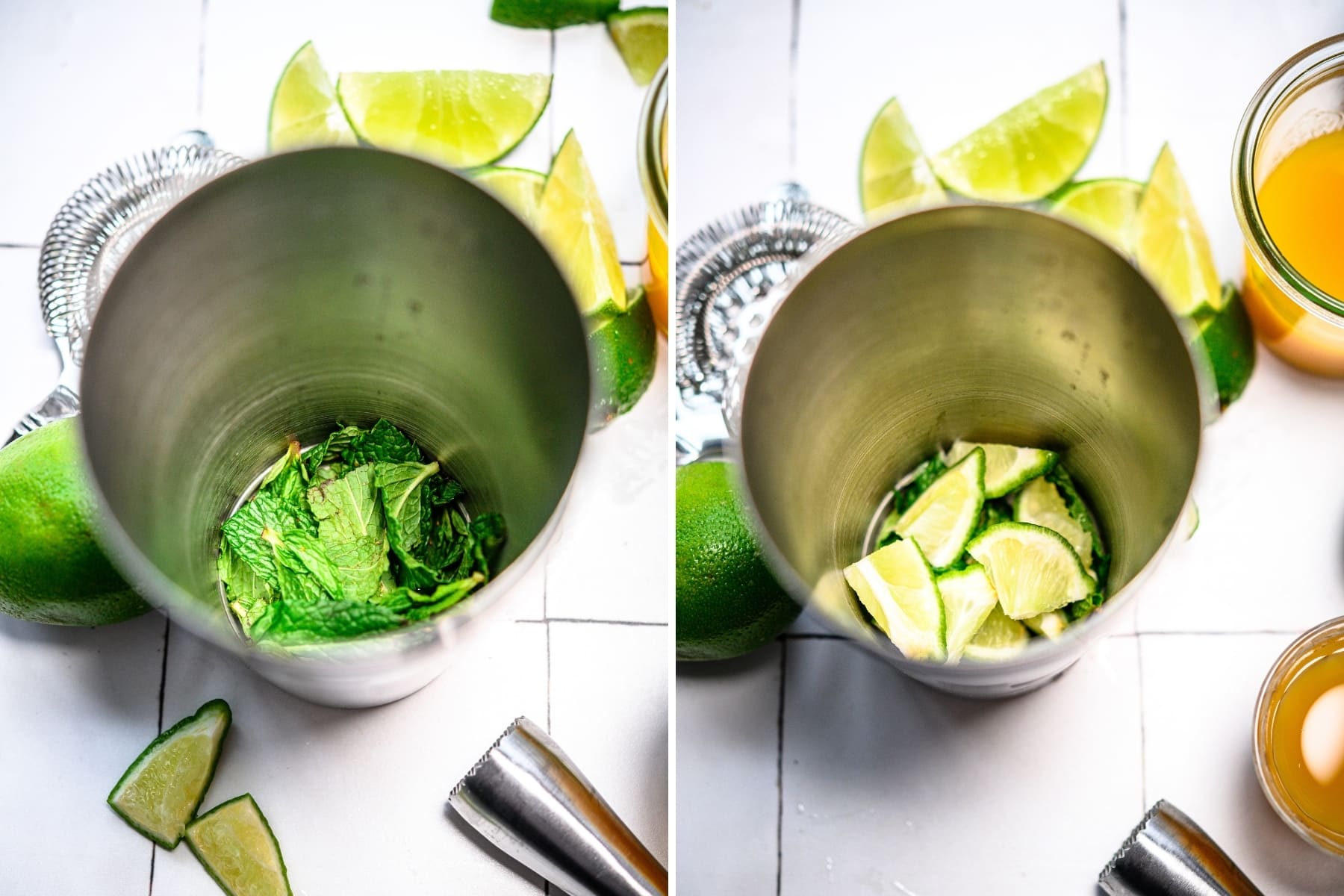 on the left side: mint in cocktail shaker. On the right side, mint and limes in cocktail shaker.