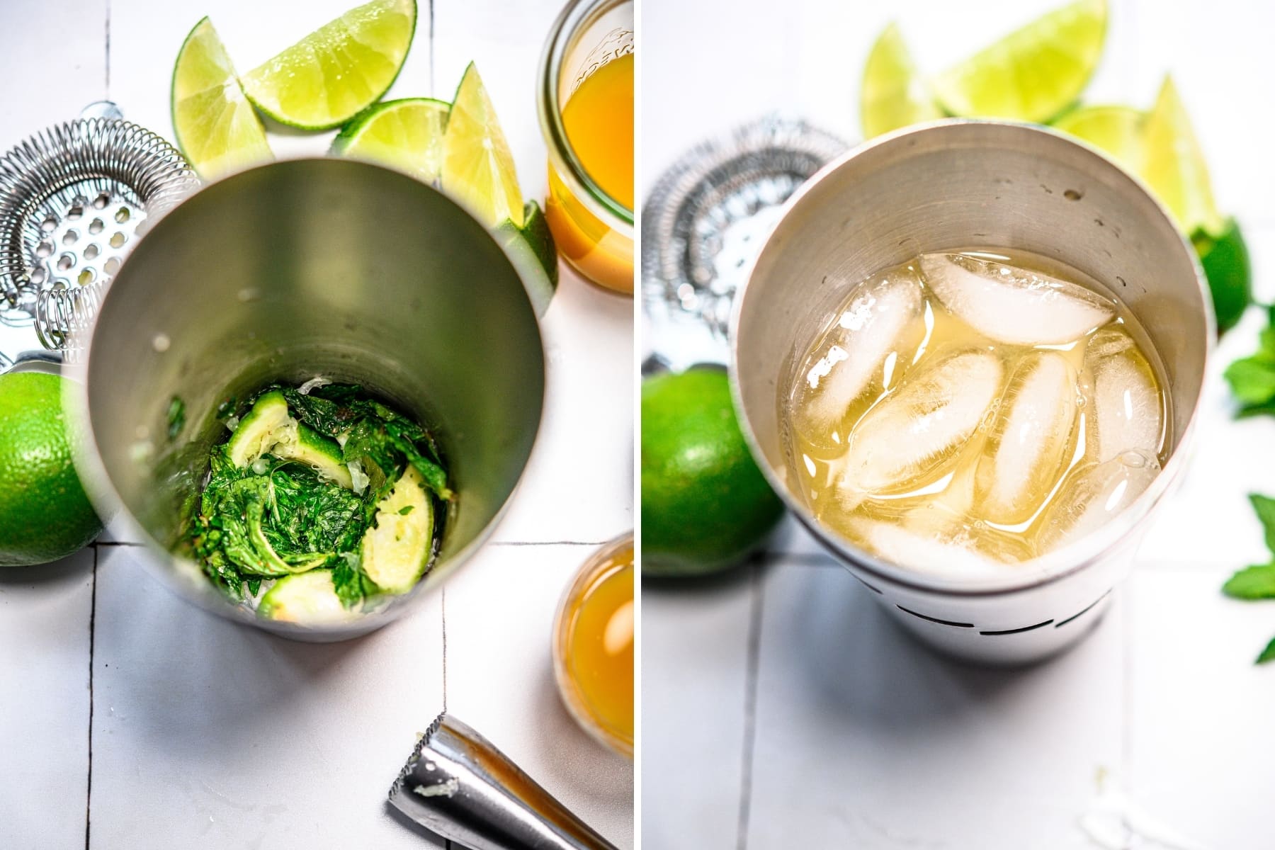 on the left side, muddled mint and limes in a cocktail shaker. on the right side, mango mojito with ice in cocktail shaker.