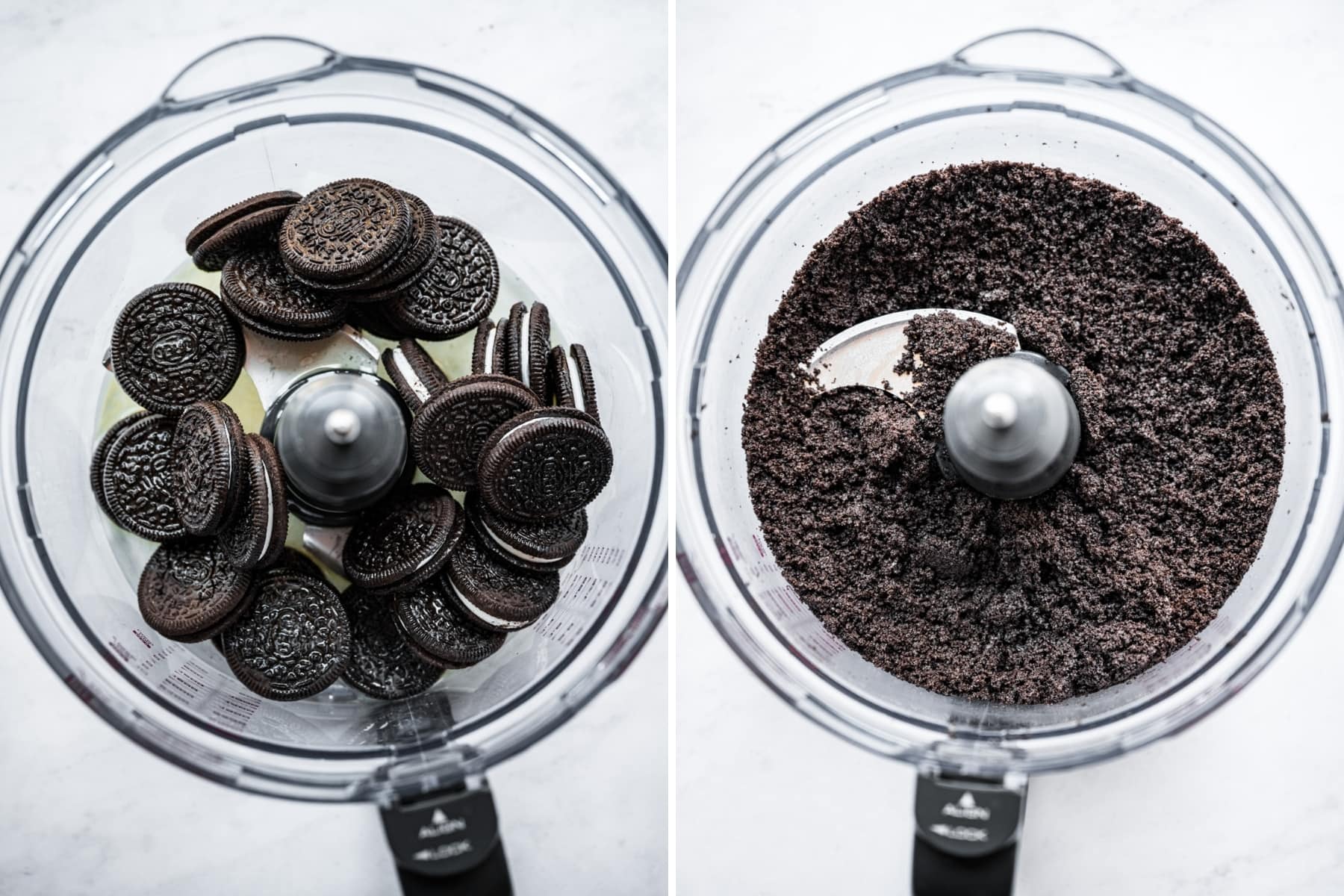 before and after pulsing together oreos for pie crust. 