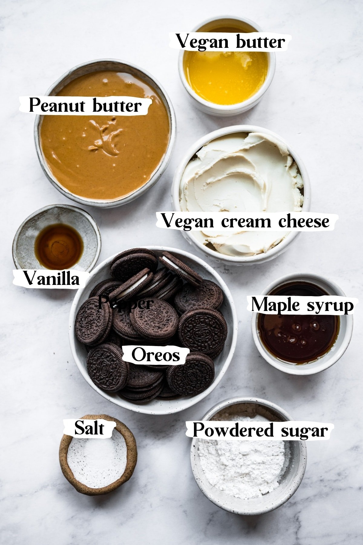 overhead view of ingredients for vegan peanut butter pie. 