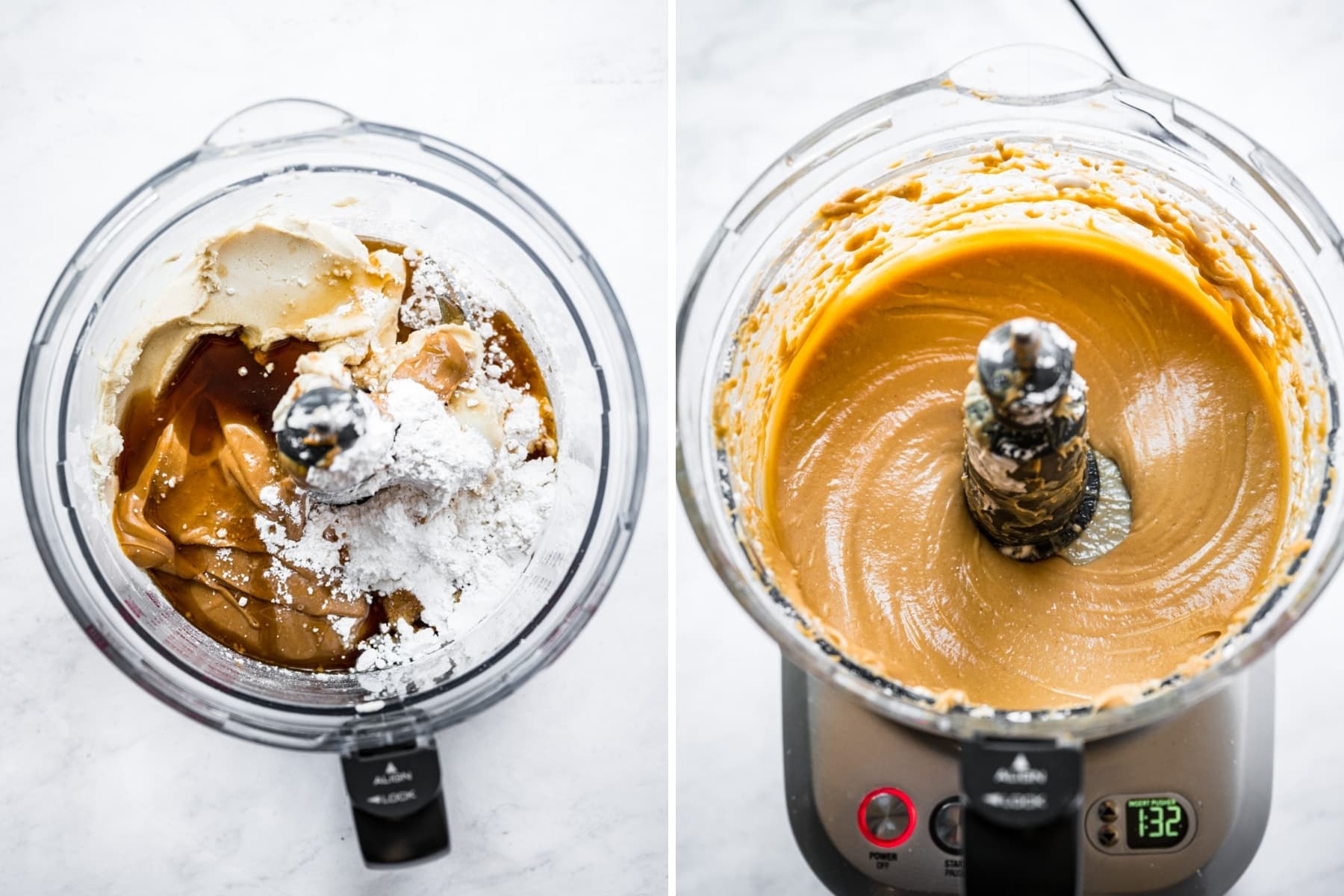 before and after blending together ingredients for vegan peanut butter pie filling in food processor. 