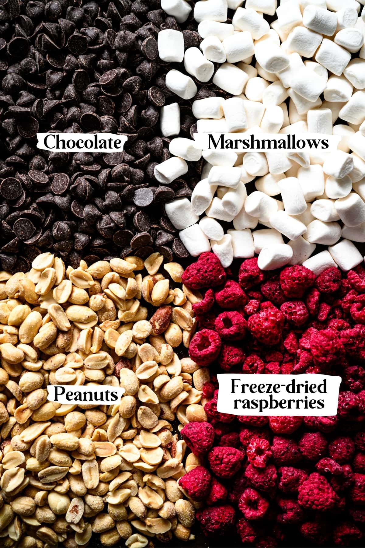 overhead view of dark chocolate chips, mini marshmallows, peanuts and freeze dried raspberries. 