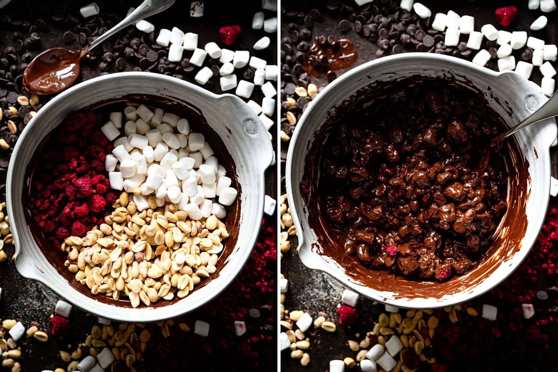 overhead view of dark chocolate peanut clusters before and after mixing together. 