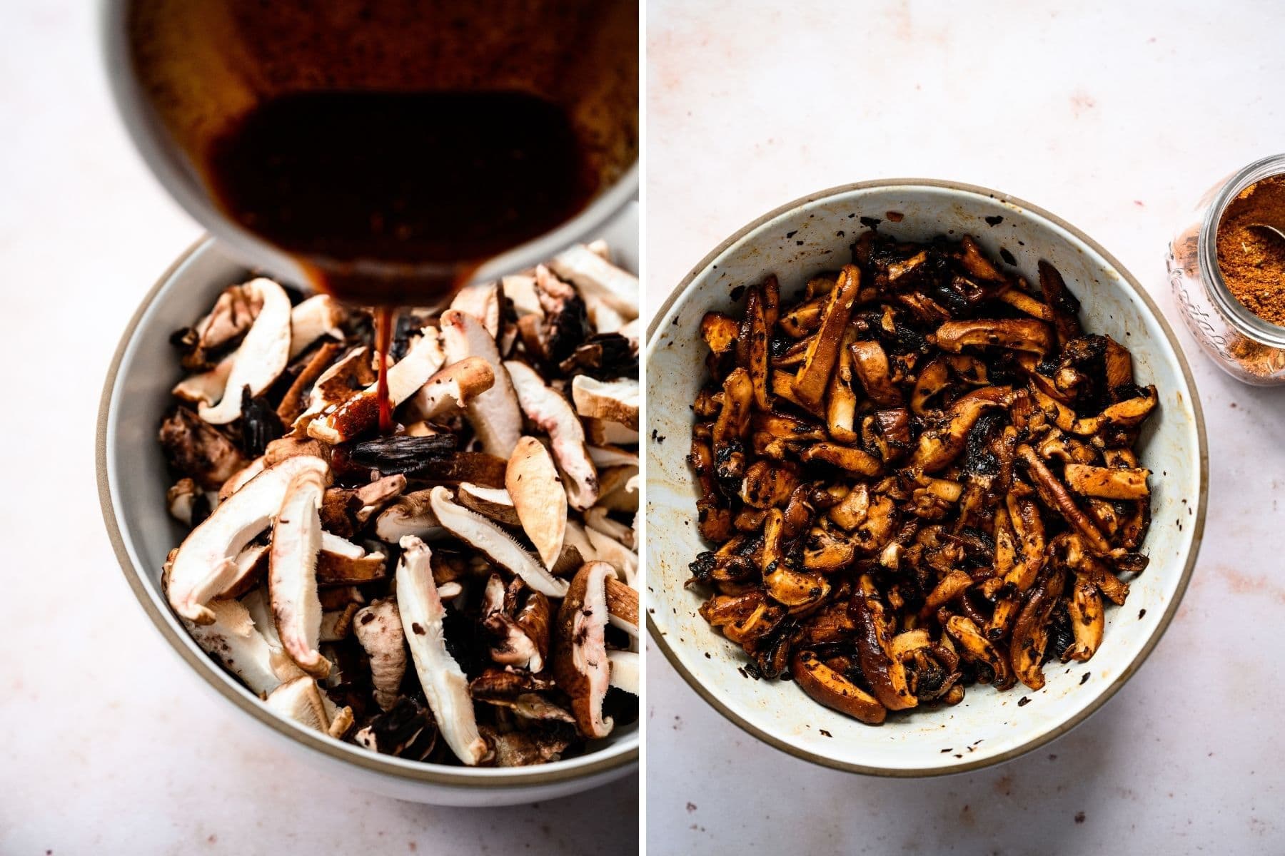 before and after marinating mushrooms in homemade shawarma marinade. 