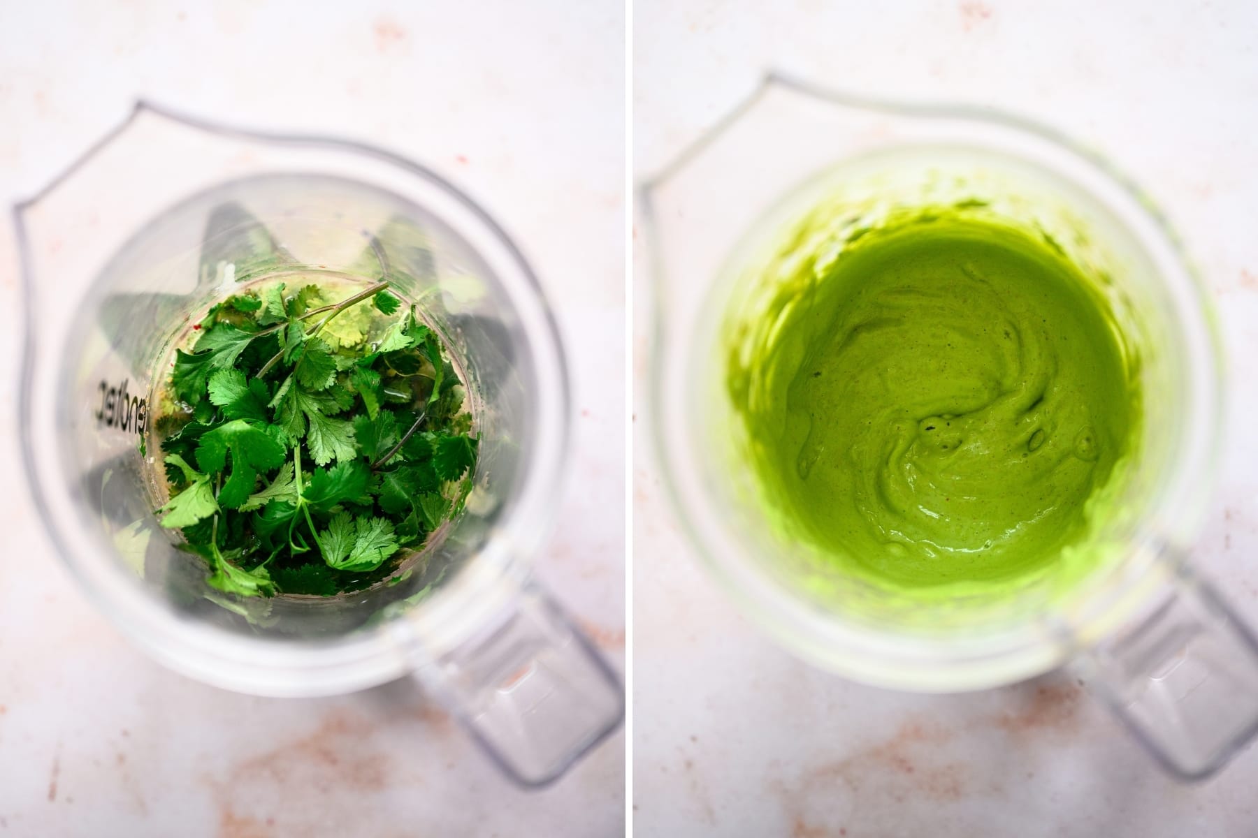 before and after blending cilantro tahini sauce. 
