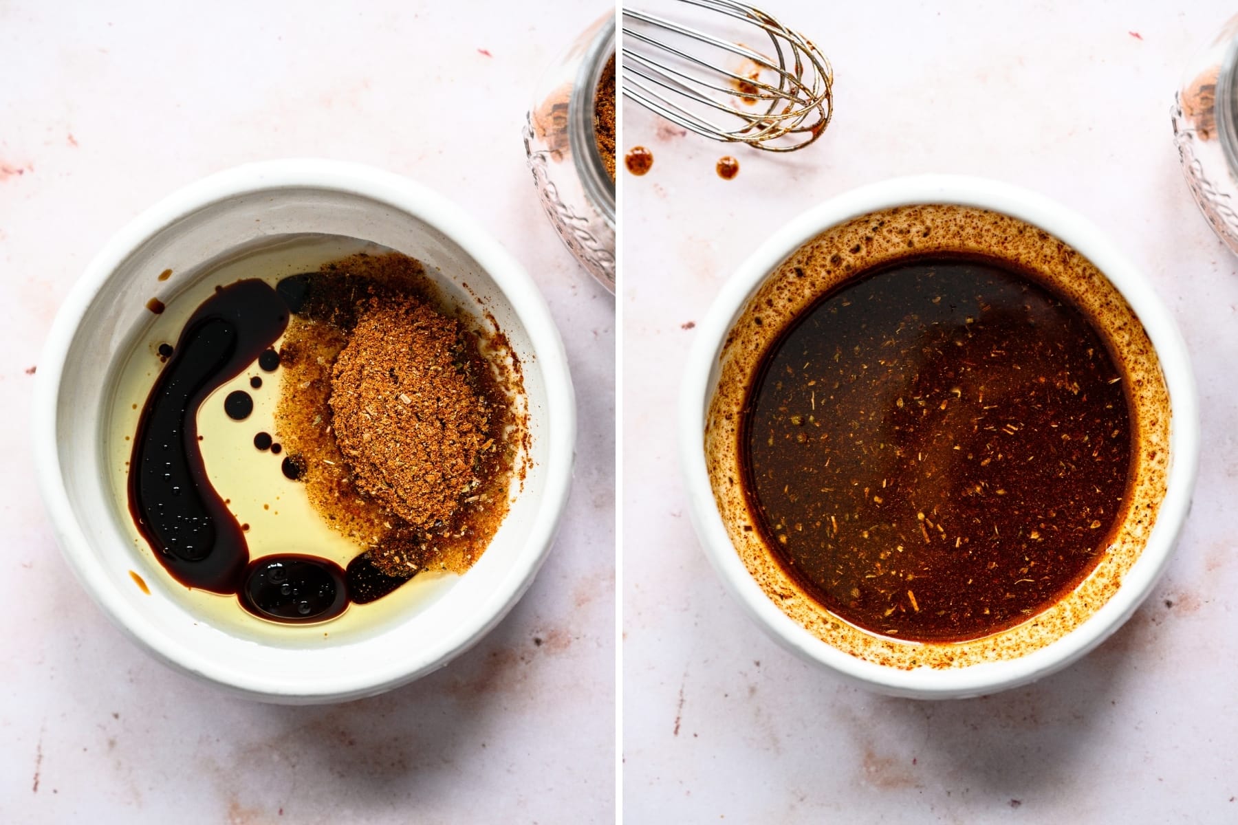 before and after whisking together marinade for shawarma mushrooms. 