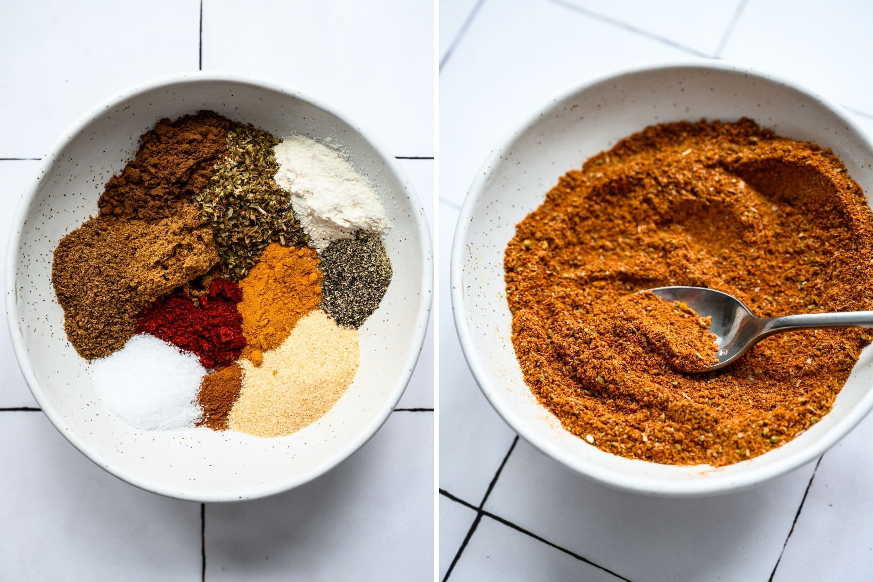 before and after stirring together spices for shawarma spice blend. 