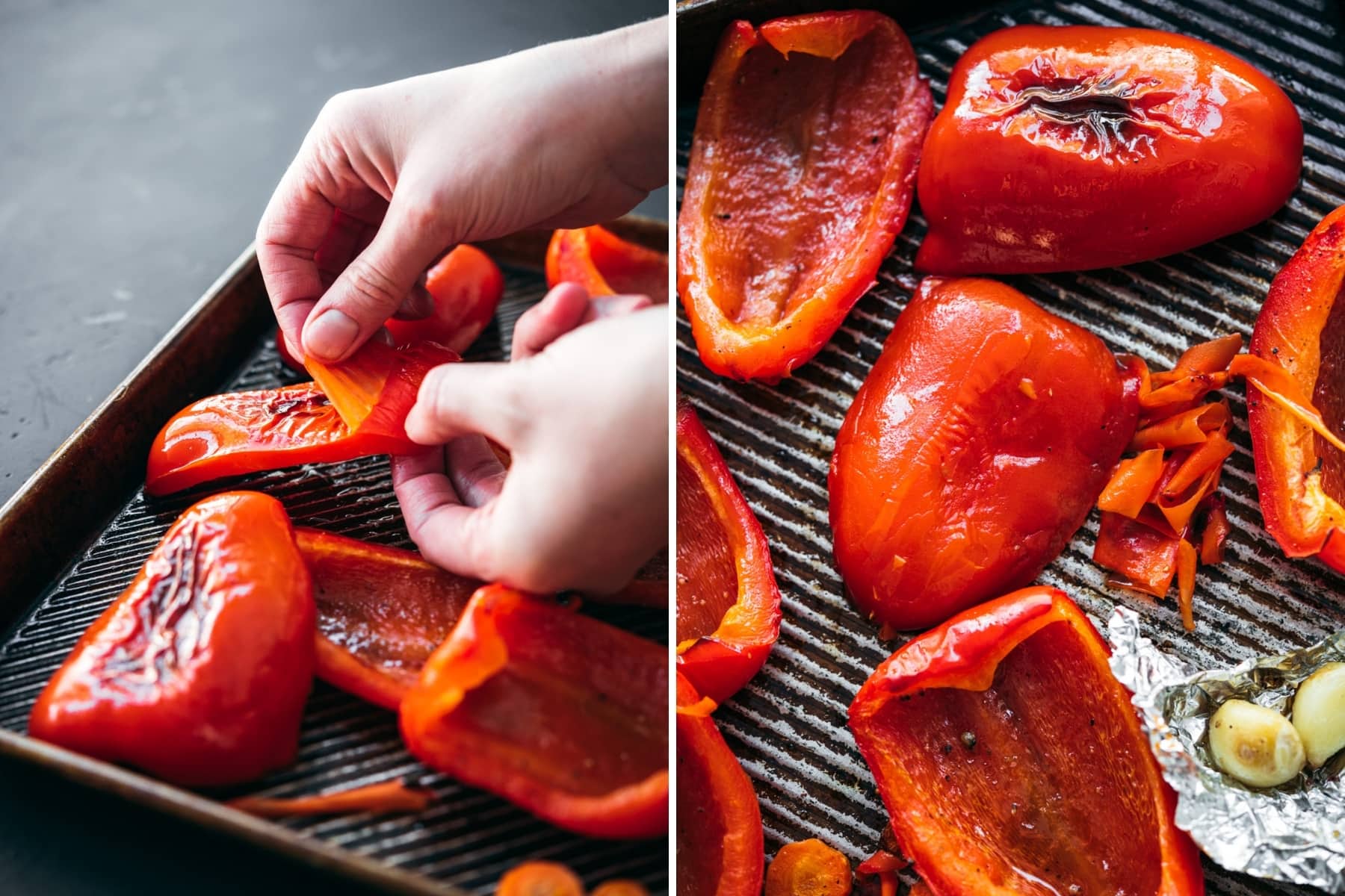 on the left: peeling skin off of roasted red pepper. on the right: roasted red peppers on sheet pan. 