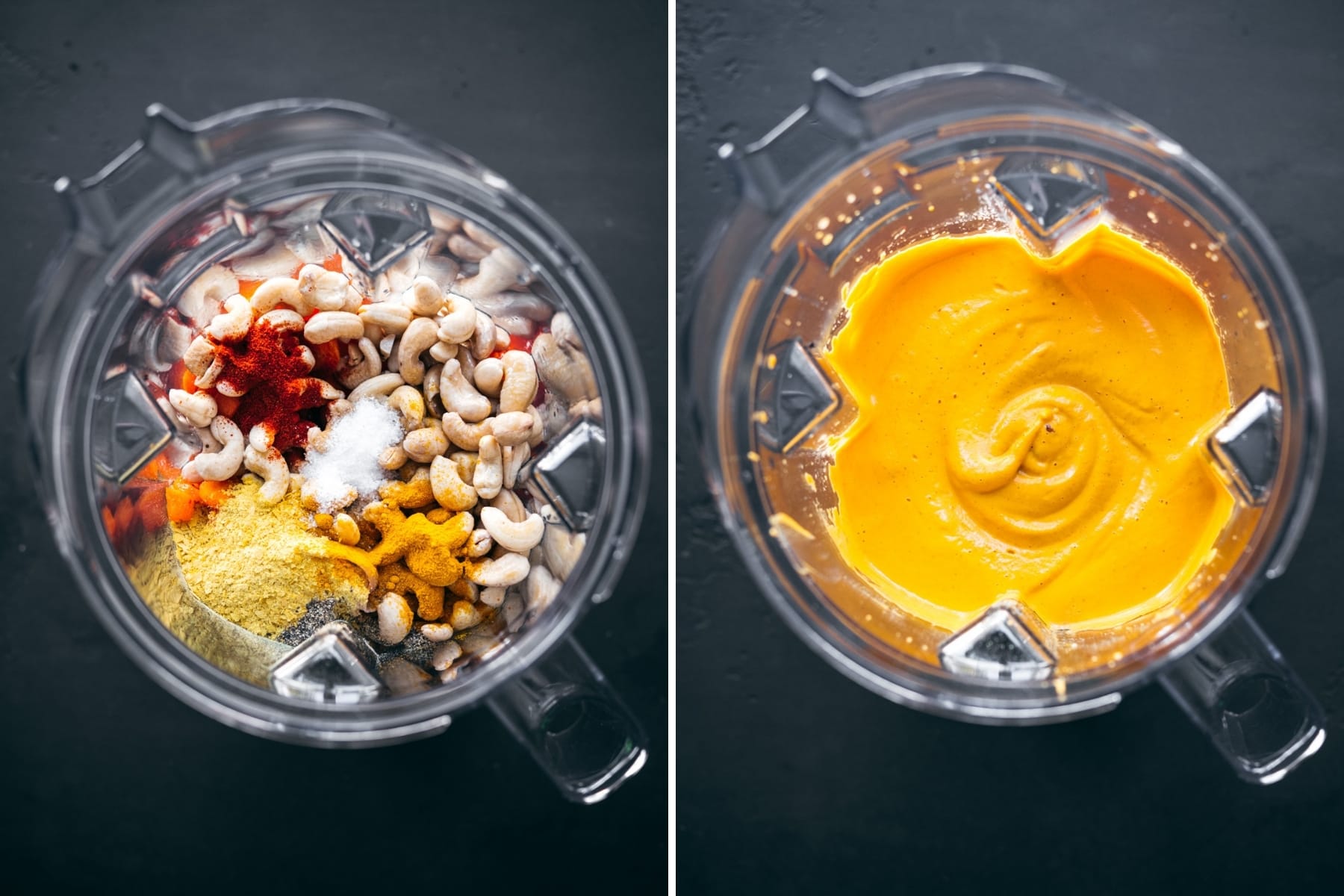 before and after blending roasted red pepper cashew cream sauce in blender. 