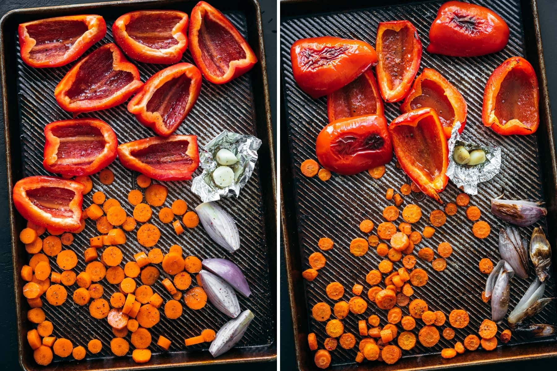 before and after roasting red peppers, carrots, shallot and garlic on sheet pan. 