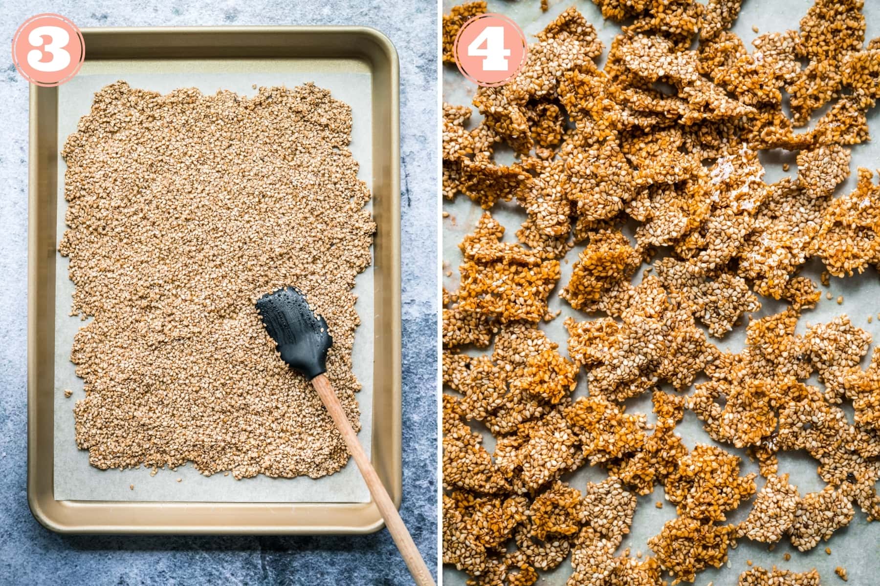 sesame brittle on a sheet pan before and after being baked. 